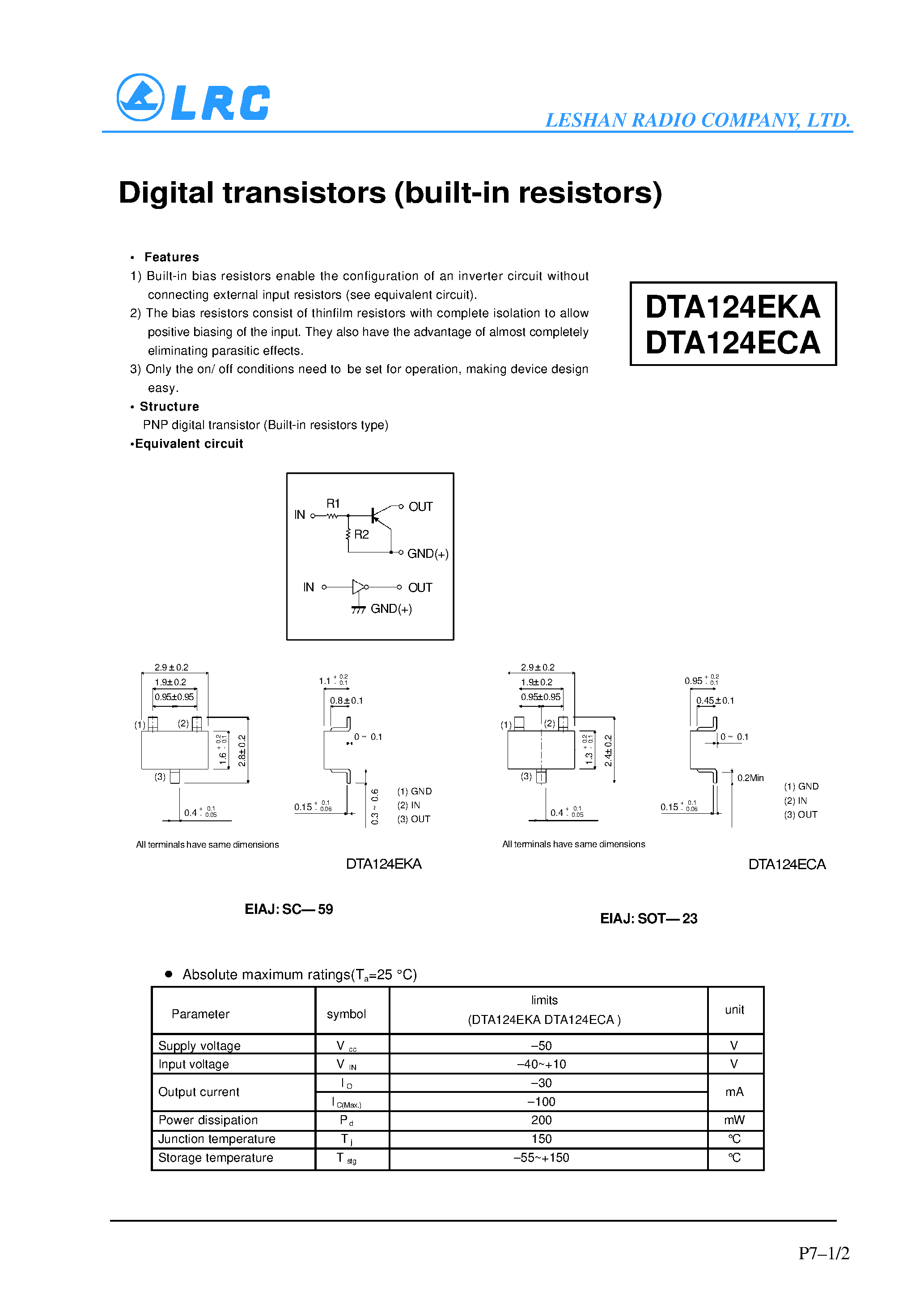 Даташит DTA124EKA - Digital transistors(built-in resistors) страница 1