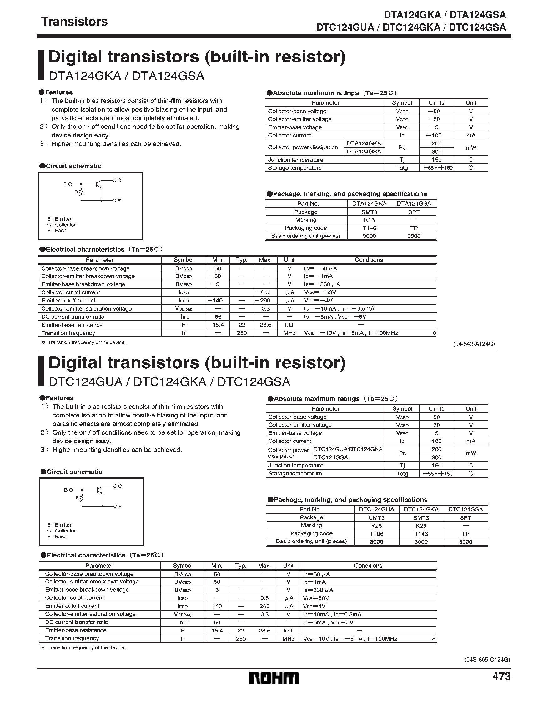 Даташит DTA124GSA - Digital transistors (built-in resistor) страница 1