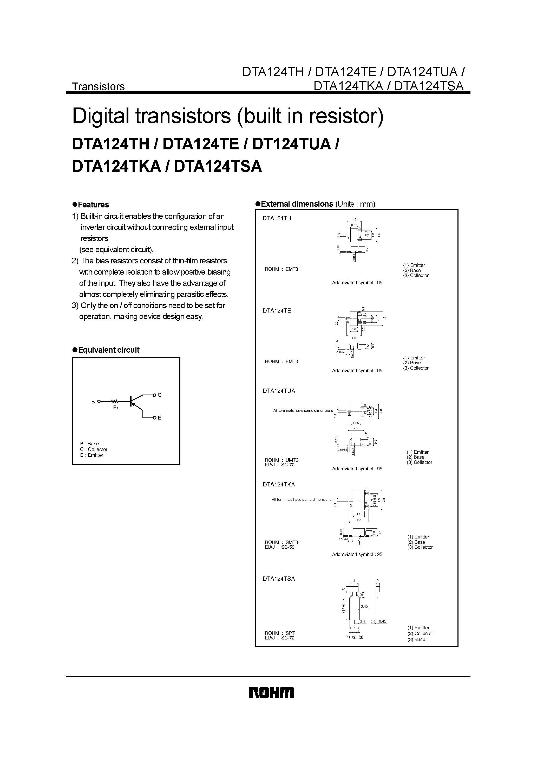 Даташит DTA124TE - Digital transistors (built in resistor) страница 1