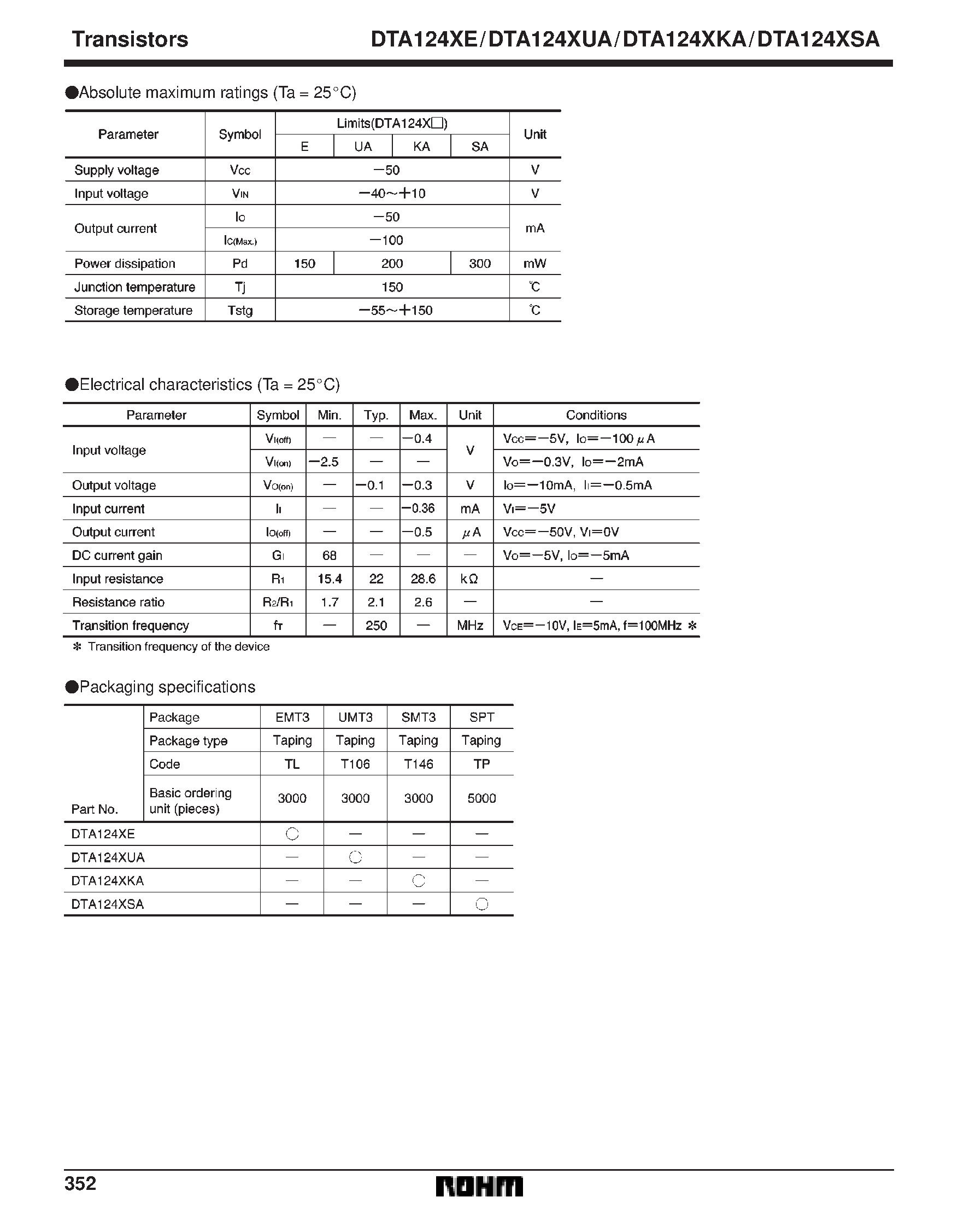 Даташит DTA124XE - Digital transistors (built-in resistors) страница 2