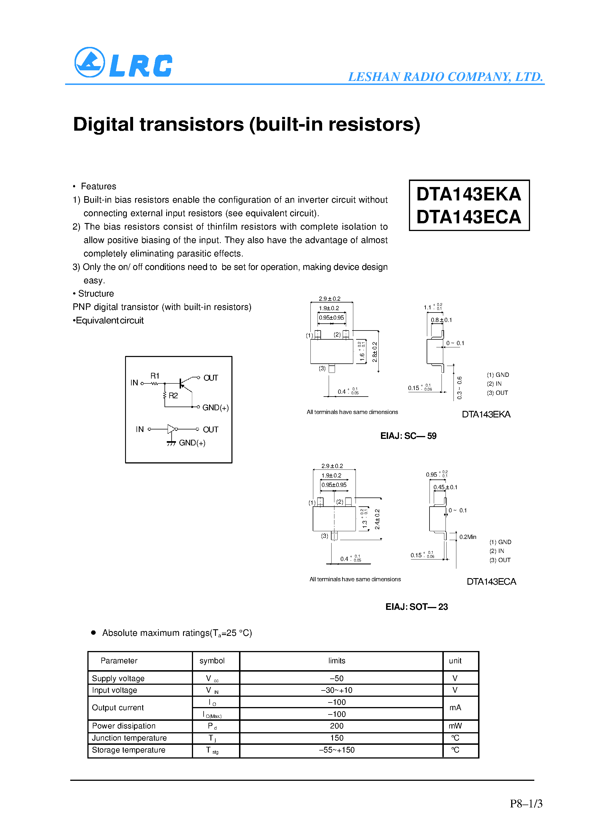 Даташит DTA143ECA - Digital transistors(built-in resistors) страница 1