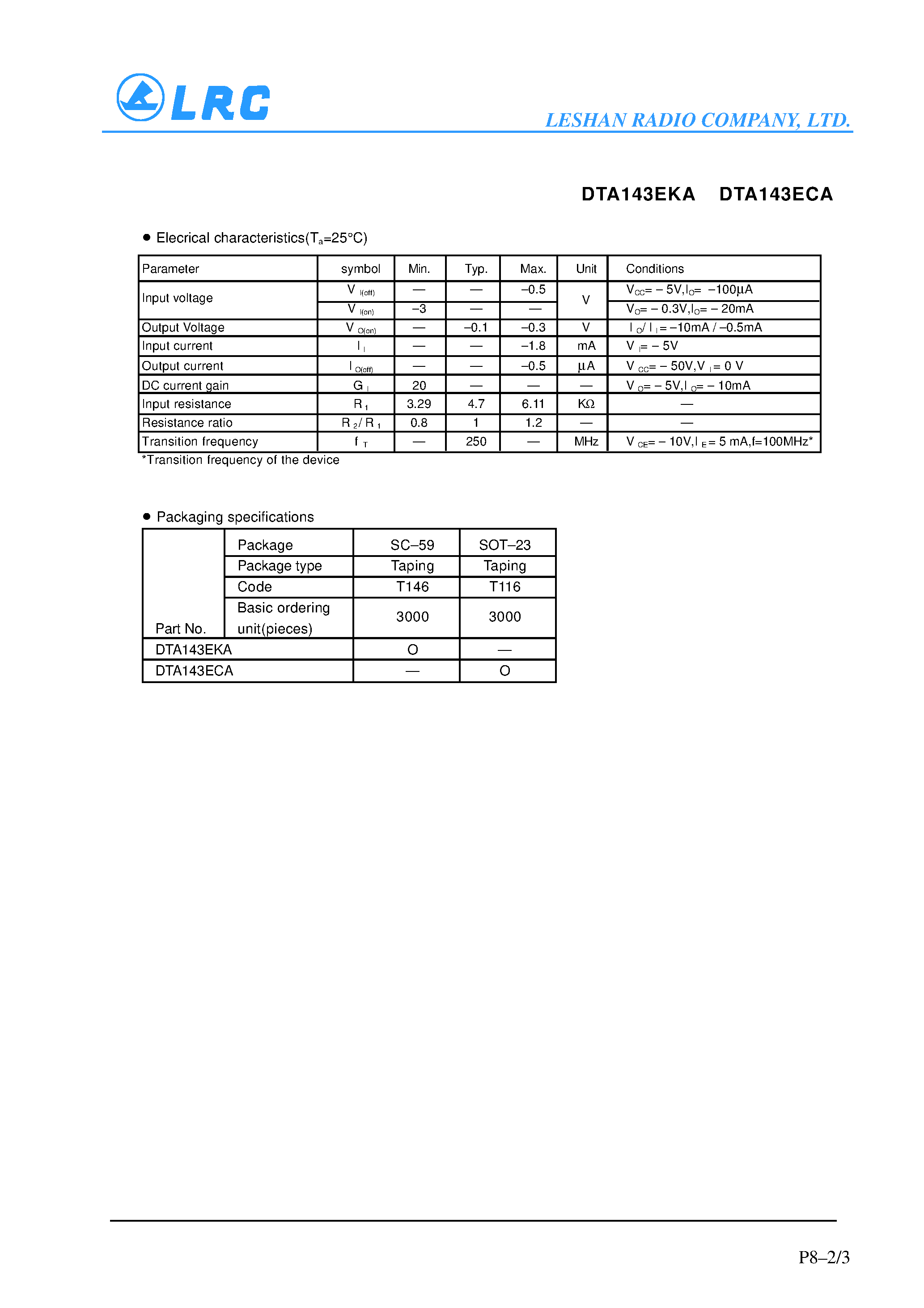 Даташит DTA143ECA - Digital transistors(built-in resistors) страница 2