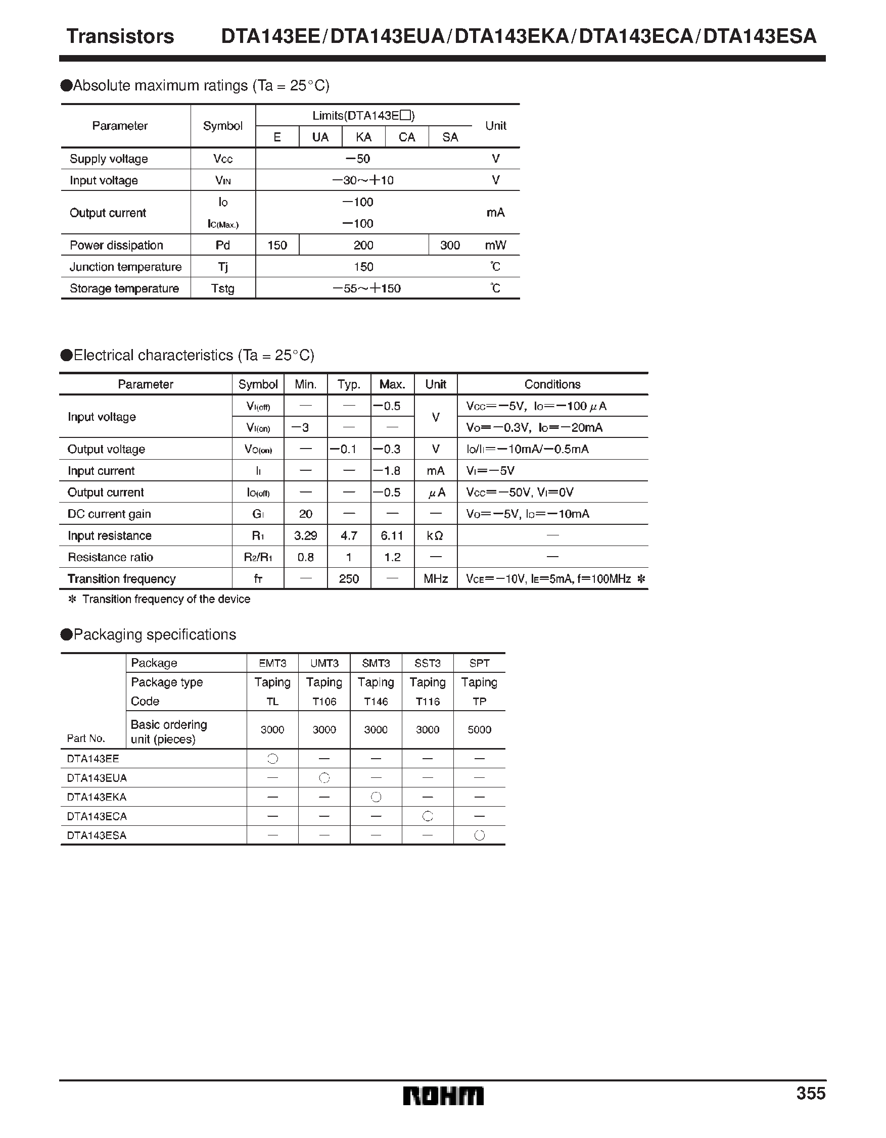 Даташит DTA143EE - Digital transistors (built-in resistors) страница 2