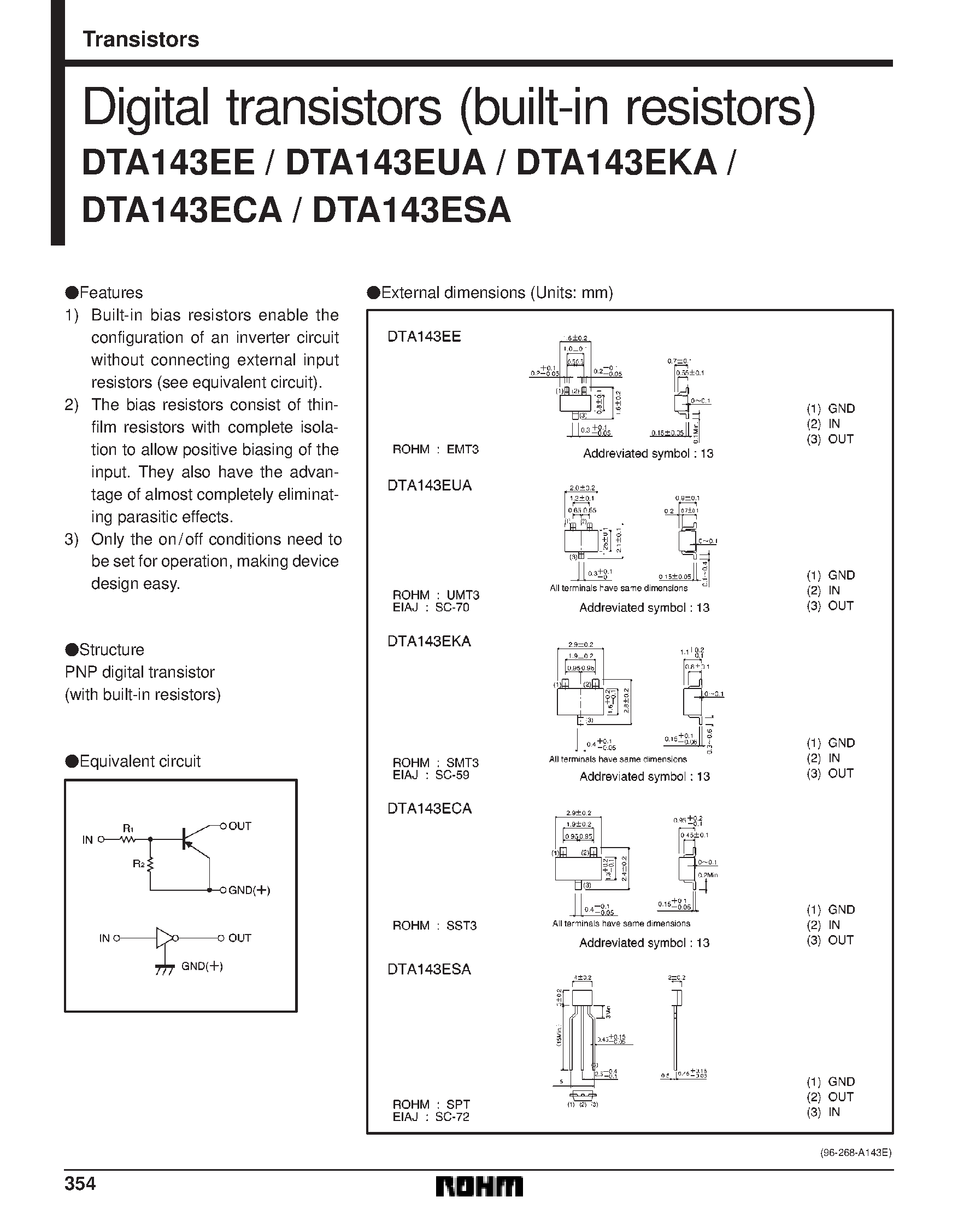 Даташит DTA143ESA - Digital transistors (built-in resistors) страница 1