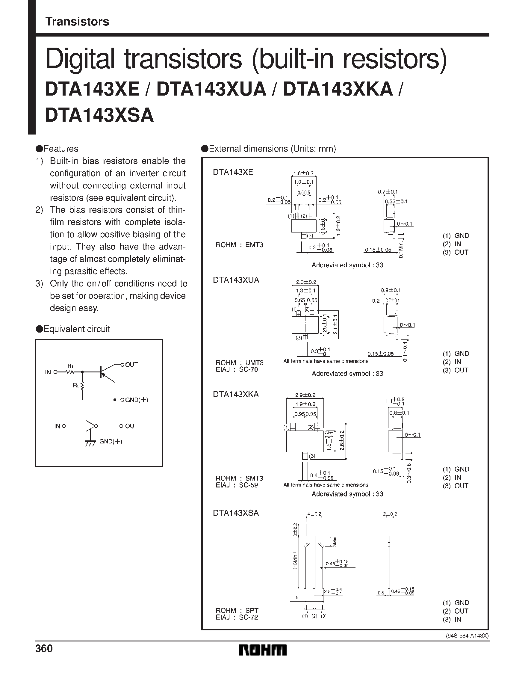 Даташит DTA143XSA - Digital transistors (built-in resistors) страница 1