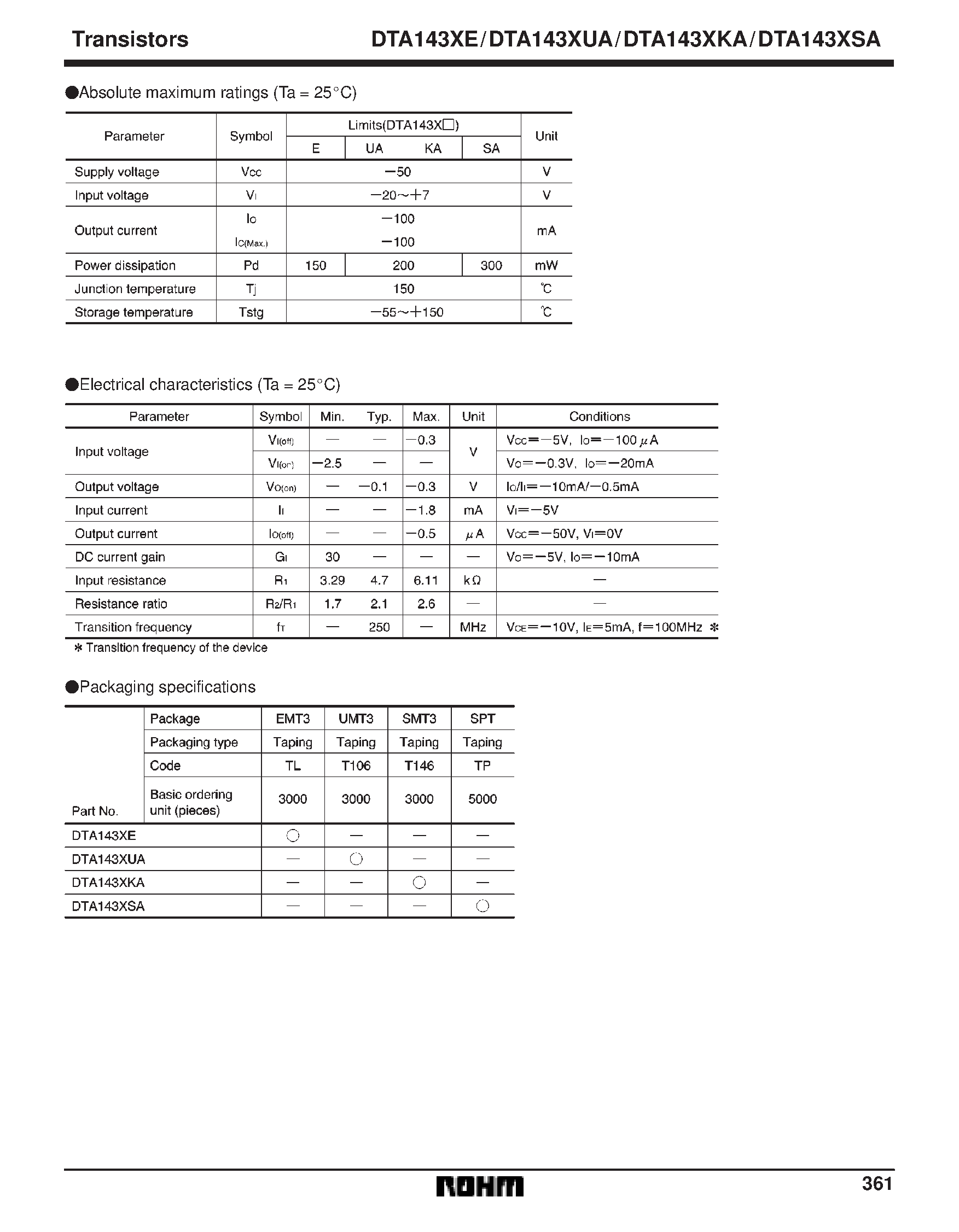 Даташит DTA143XUA - Digital transistors (built-in resistors) страница 2