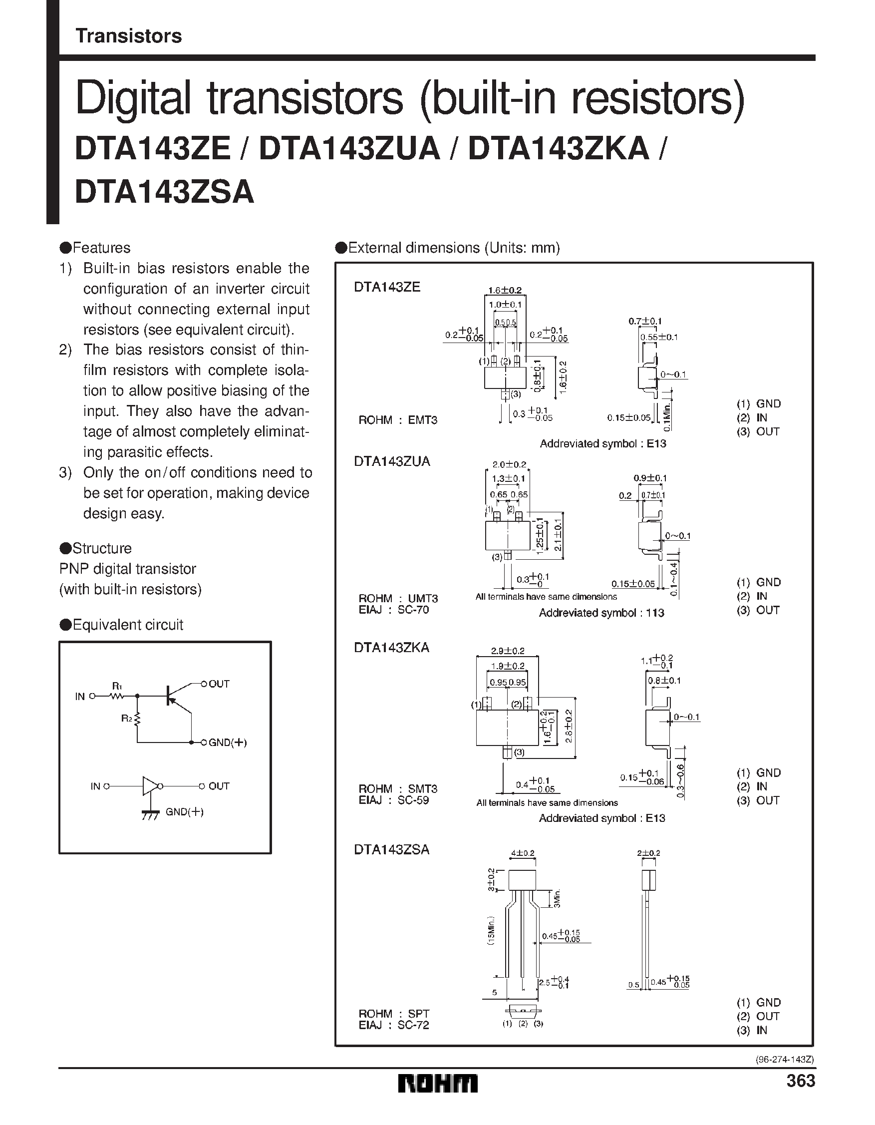 Даташит DTA143ZUA - Digital transistors (built-in resistors) страница 1