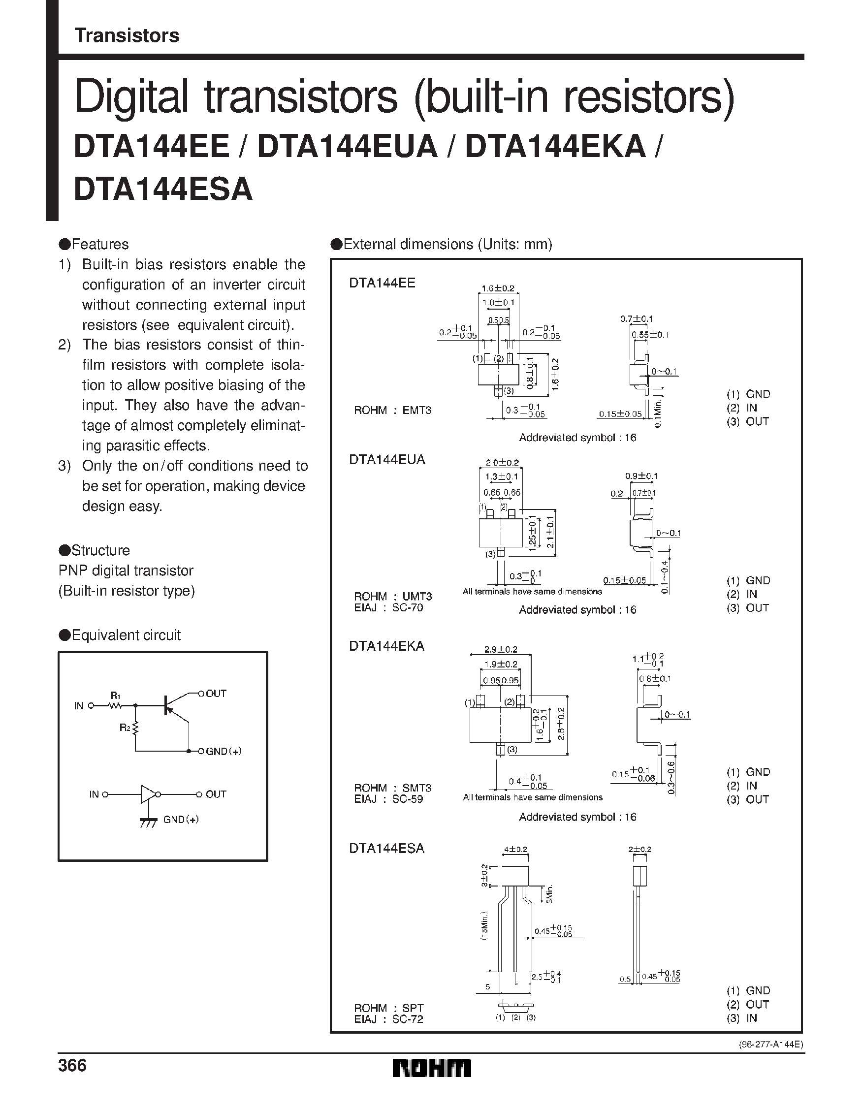 Даташит DTA144EKA - Digital transistors (built-in resistors) страница 1