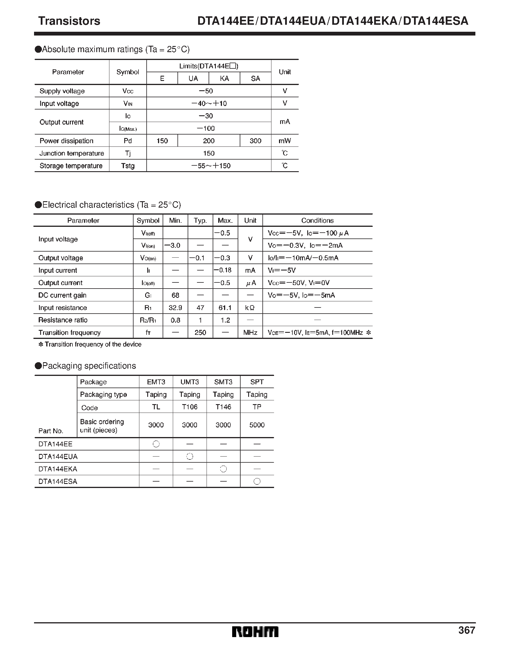 Даташит DTA144EKA - Digital transistors (built-in resistors) страница 2