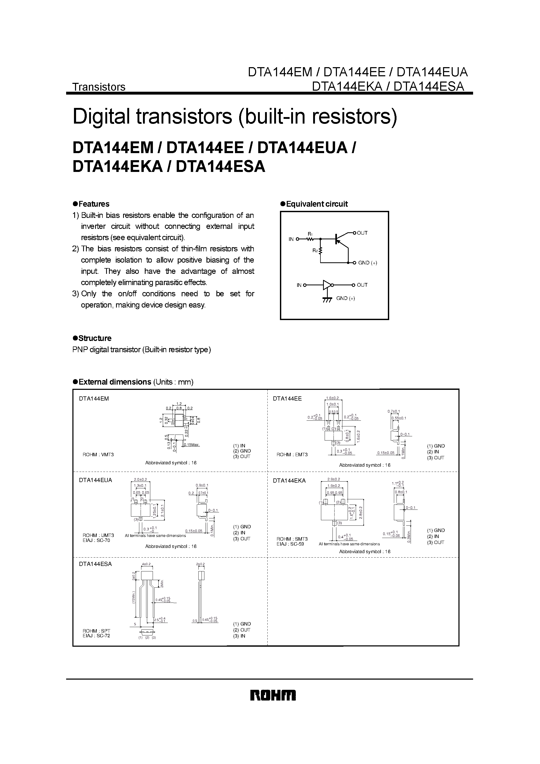 Даташит DTA144EM - Digital transistors (built-in resistors) страница 1
