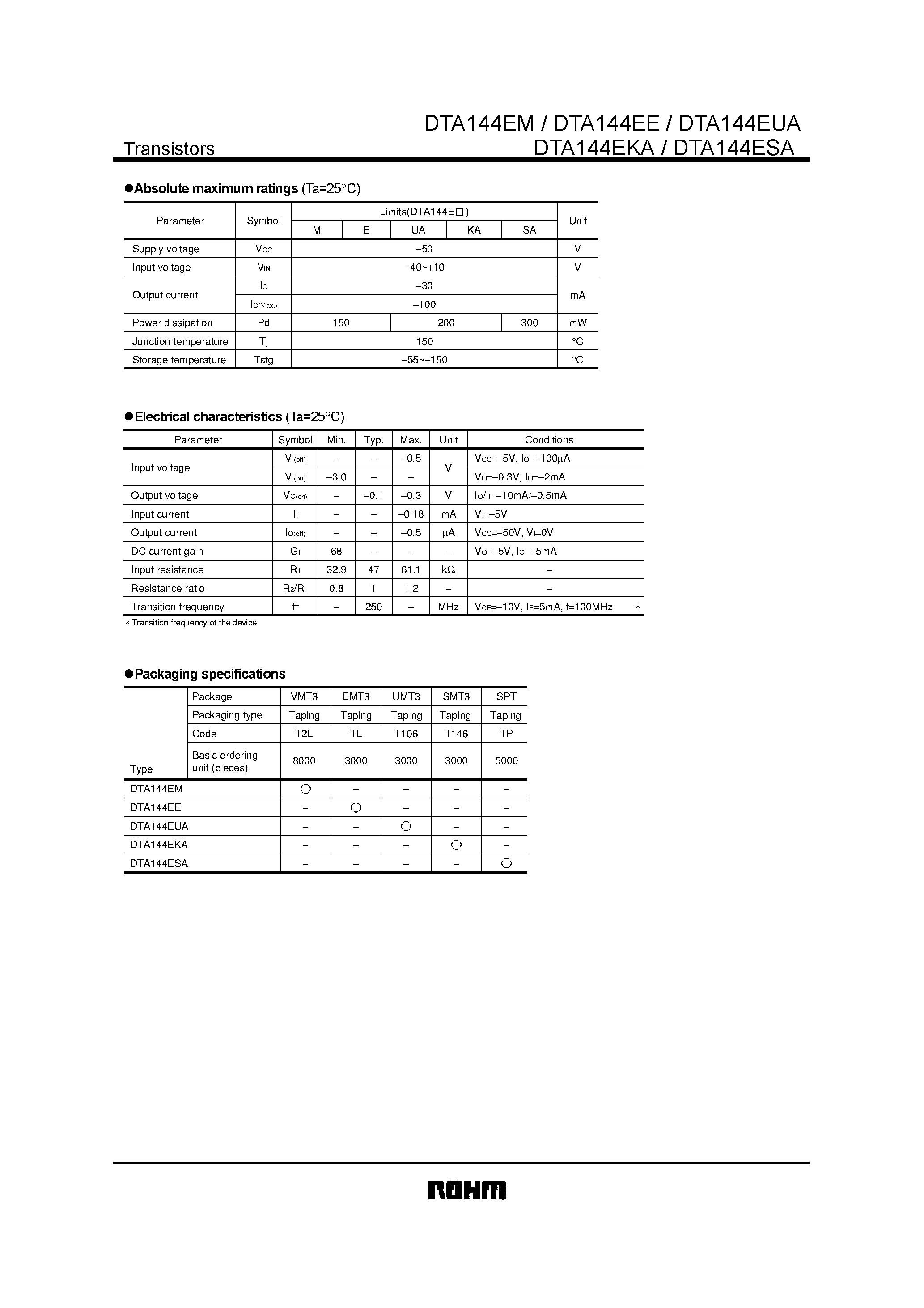 Даташит DTA144EM - Digital transistors (built-in resistors) страница 2