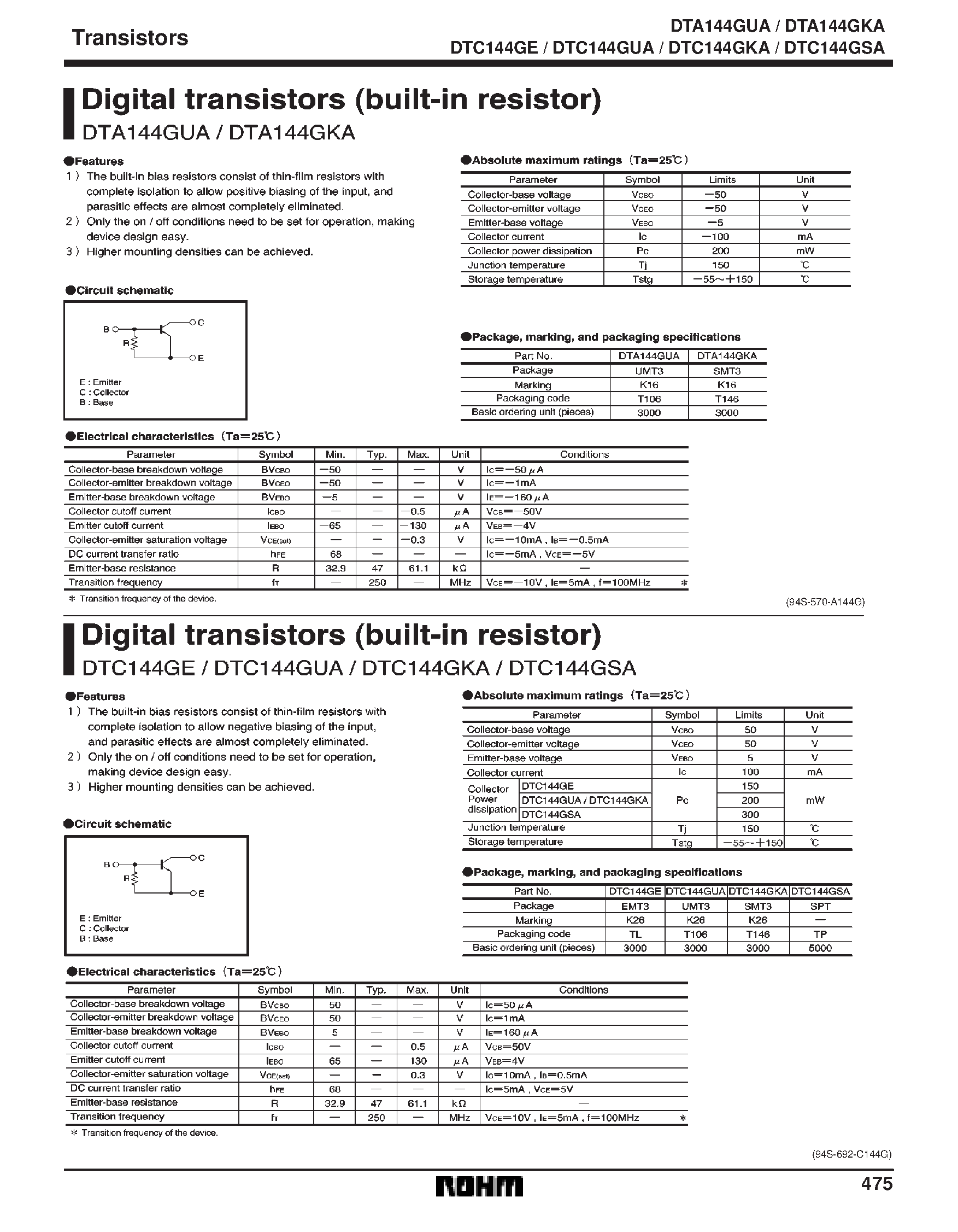 Даташит DTA144GKA - Digital transistors (built-in resistor) страница 1
