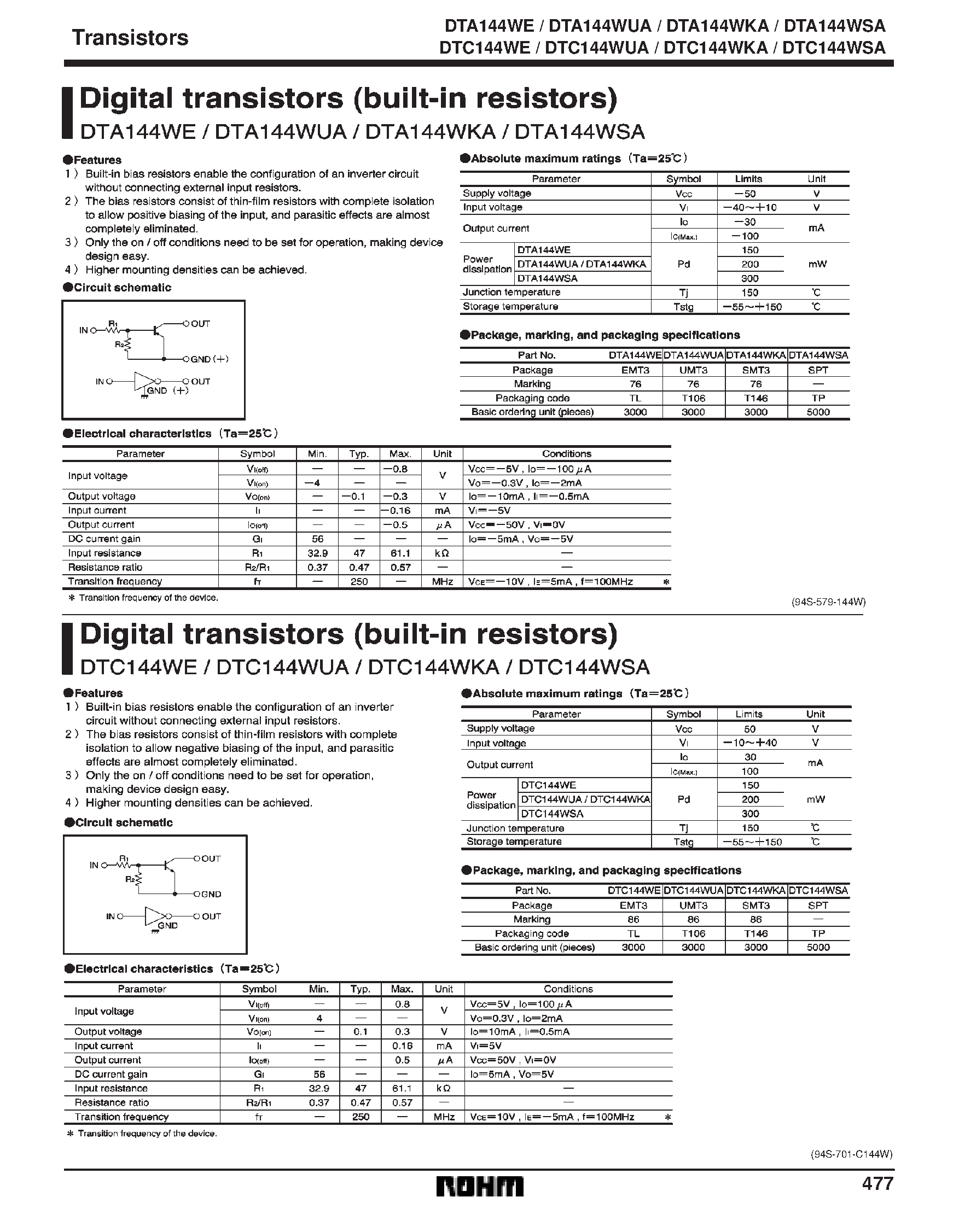 Даташит DTA144WSA - Digital transistors (built-in resistors) страница 1