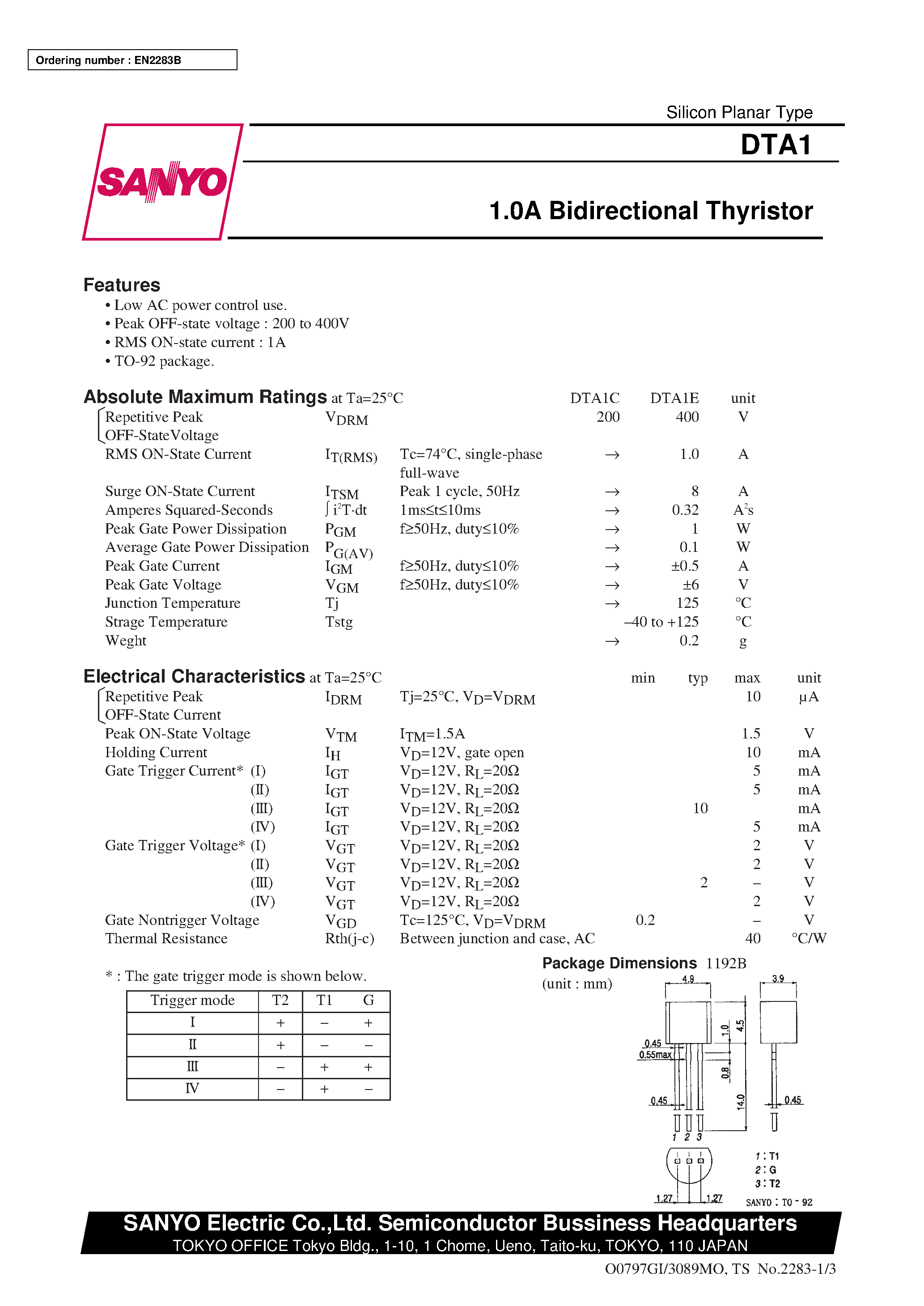 Даташит на микросхему DTA1C страница 1 Даташит DTA1C - 1.0A Bidirectional Thyristor страница 1