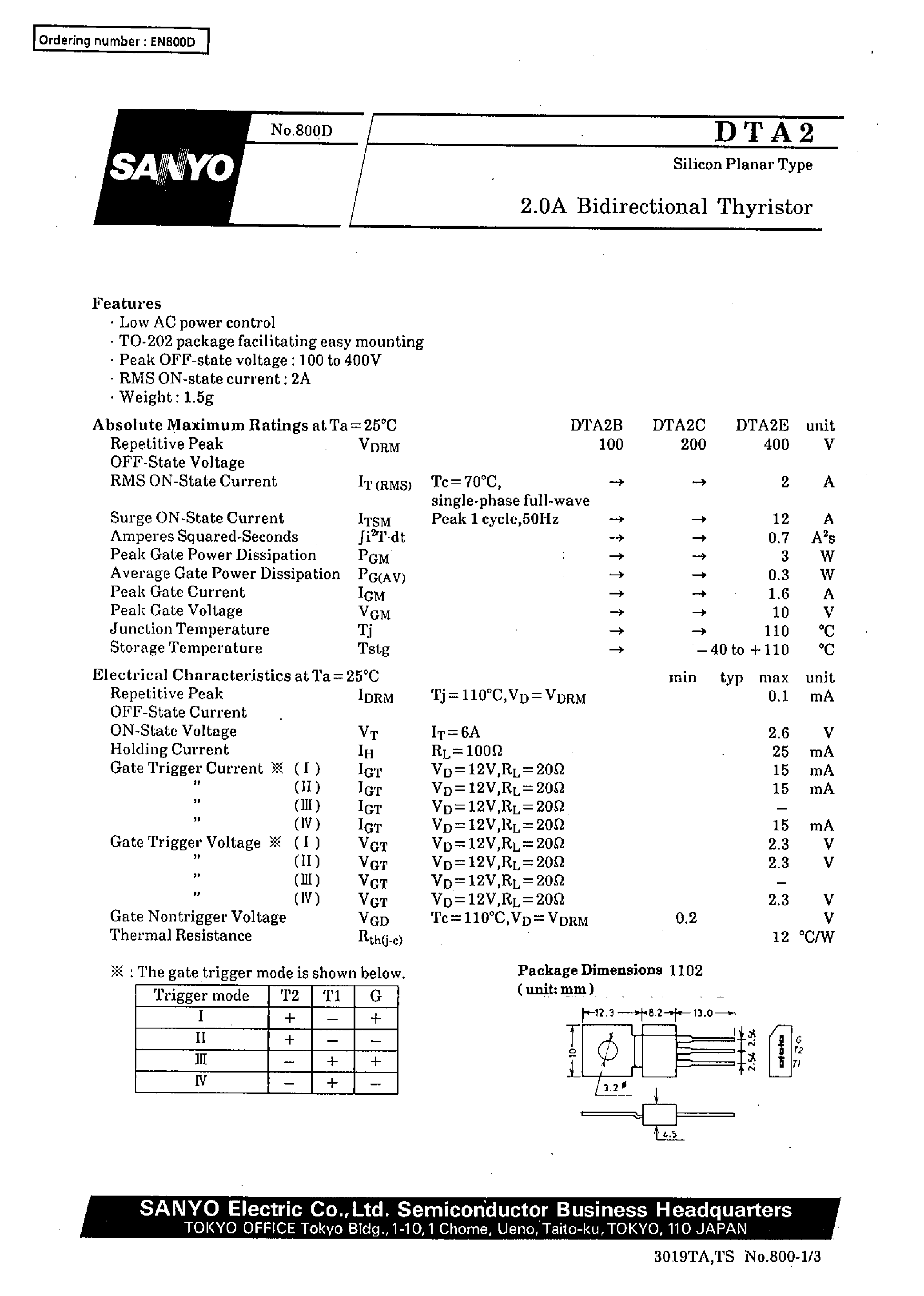 Даташит на микросхему DTA2B страница 1 Даташит DTA2B - 2.0A Bidirectional Thyristor страница 1