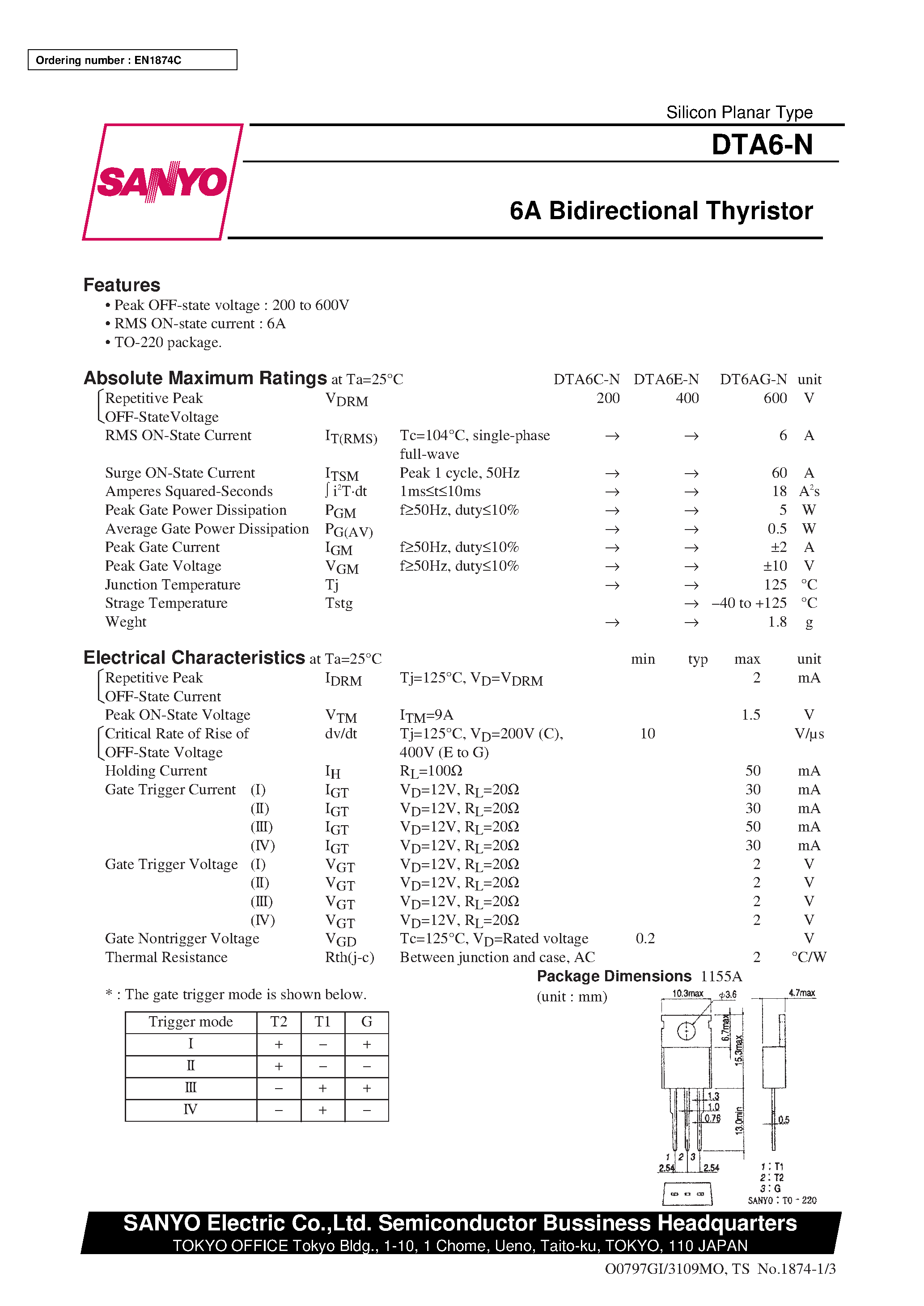 Datasheet DTA6G-N page 1 Datasheet DTA6G-N - 6A Bidirectional Thyristor page 1