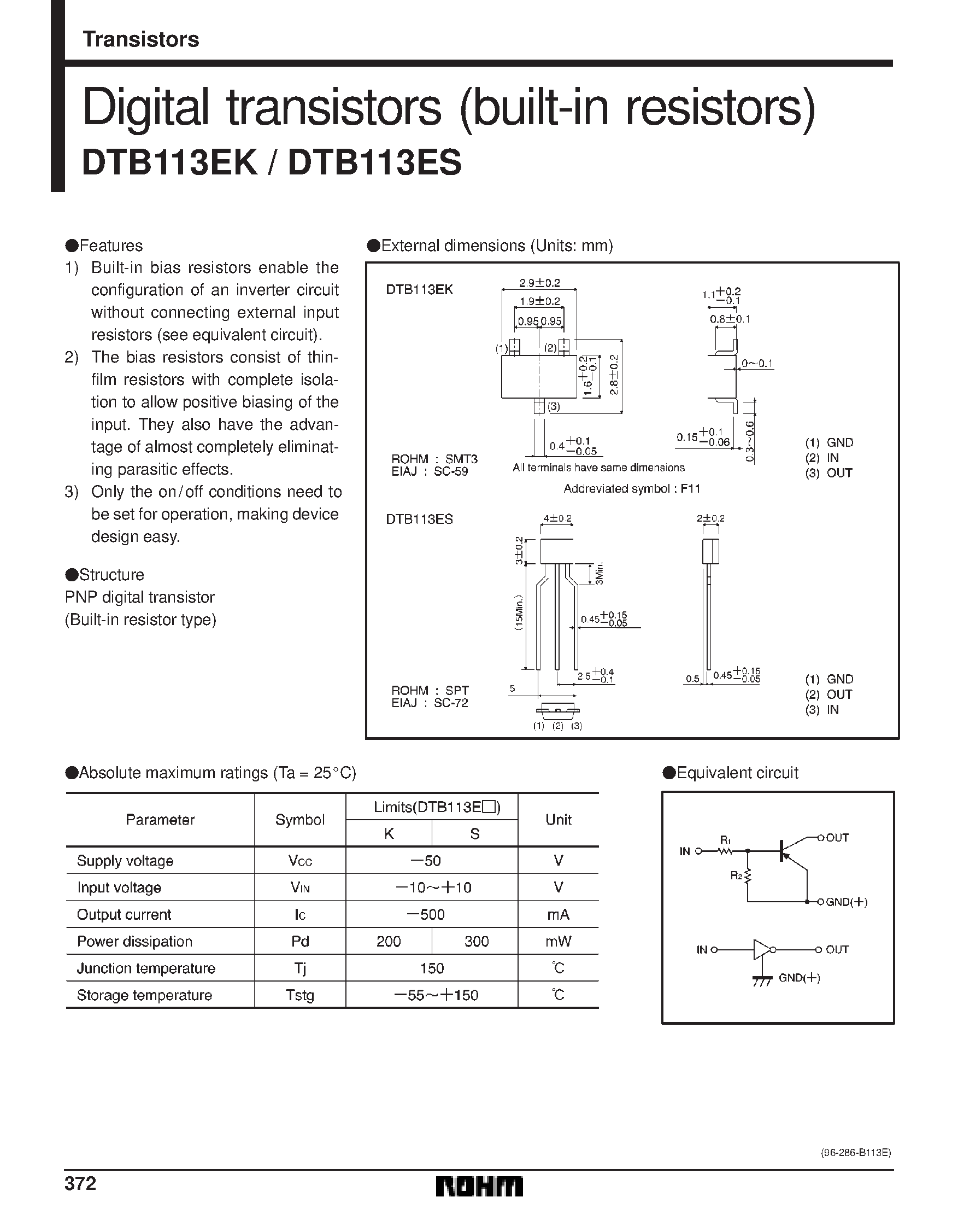 Даташит DTB113 - Digital transistors (built-in resistors) страница 1