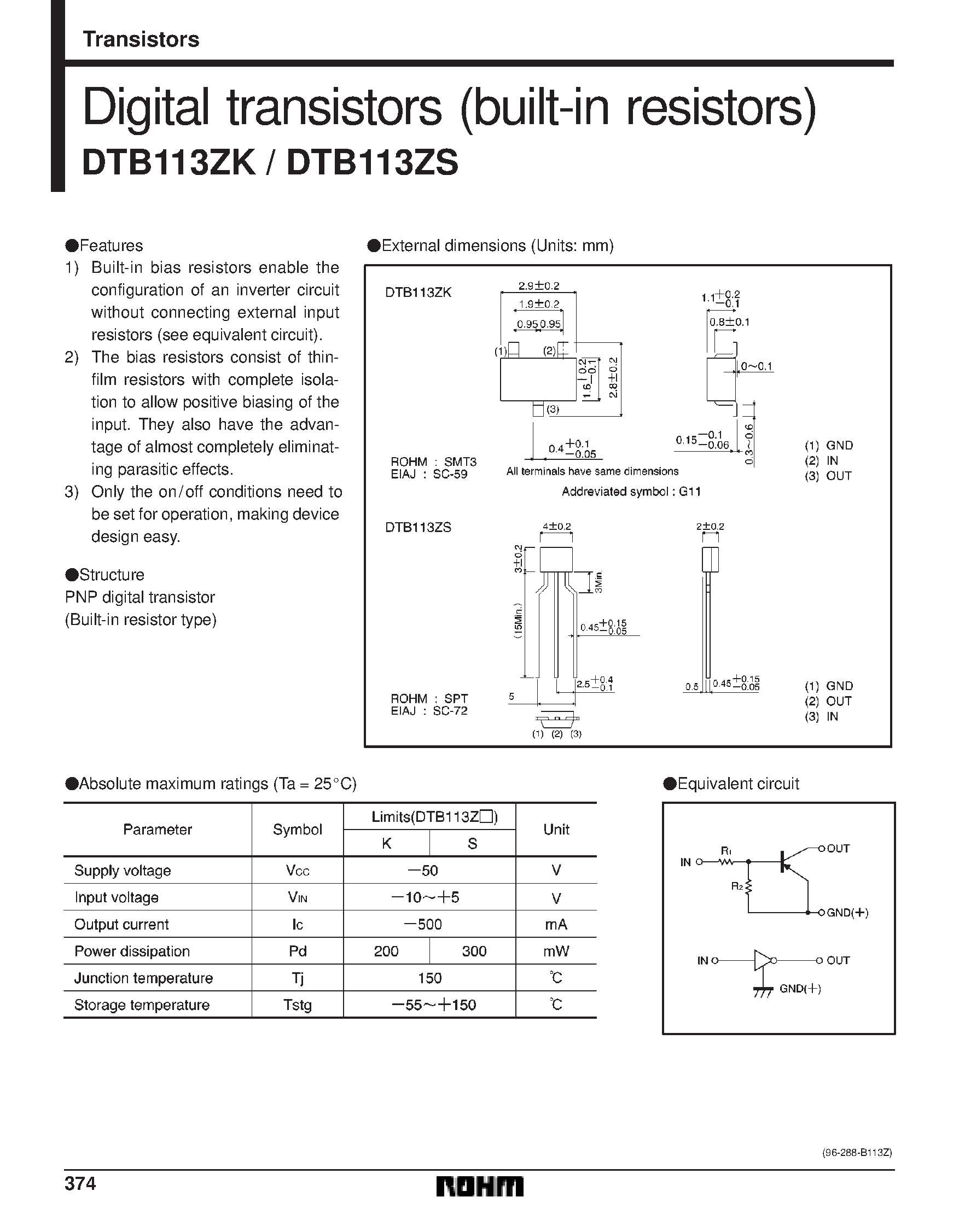 Даташит DTB113ZK - Digital transistors (built-in resistors) страница 1