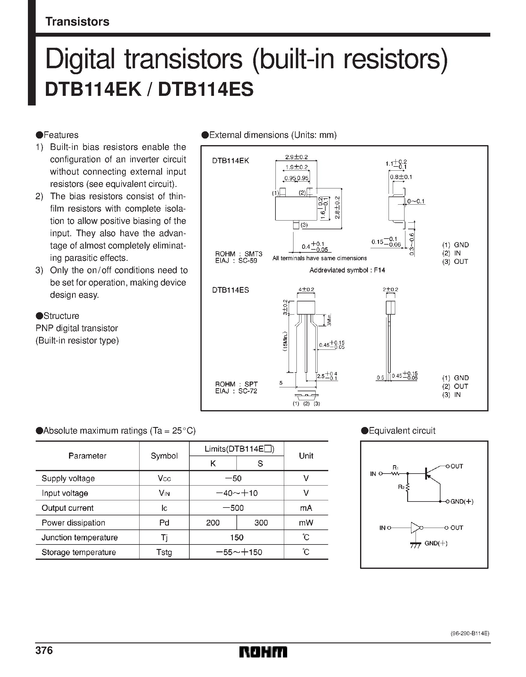 Даташит DTB114E - Digital transistors (built-in resistors) страница 1