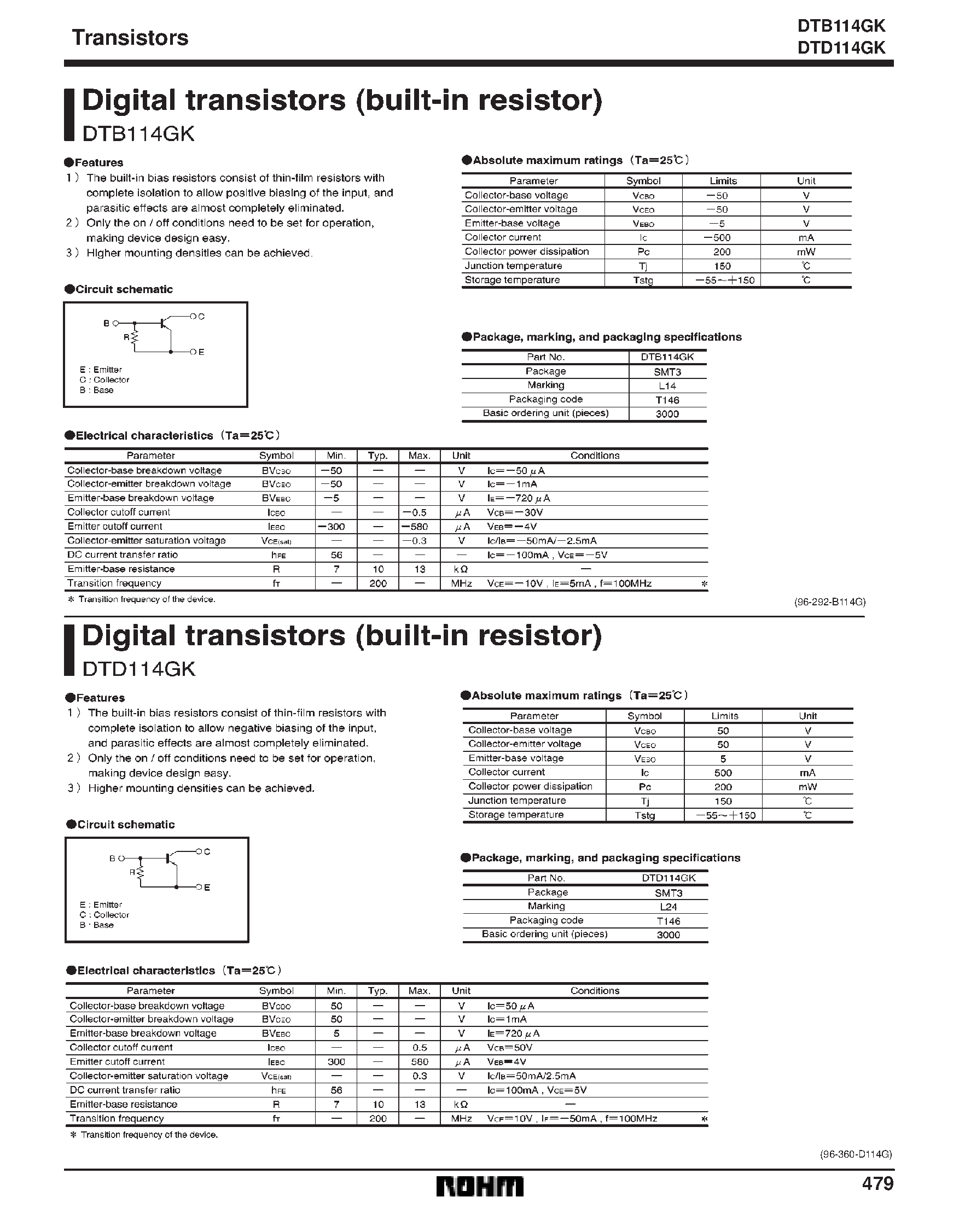 Даташит DTB114GK - Digital transistors (built-in resistor) страница 1