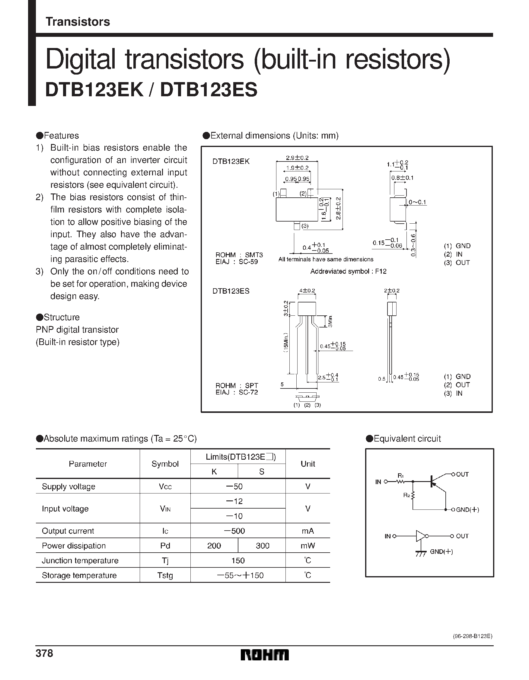 Даташит DTB123E - Digital transistors (built-in resistors) страница 1