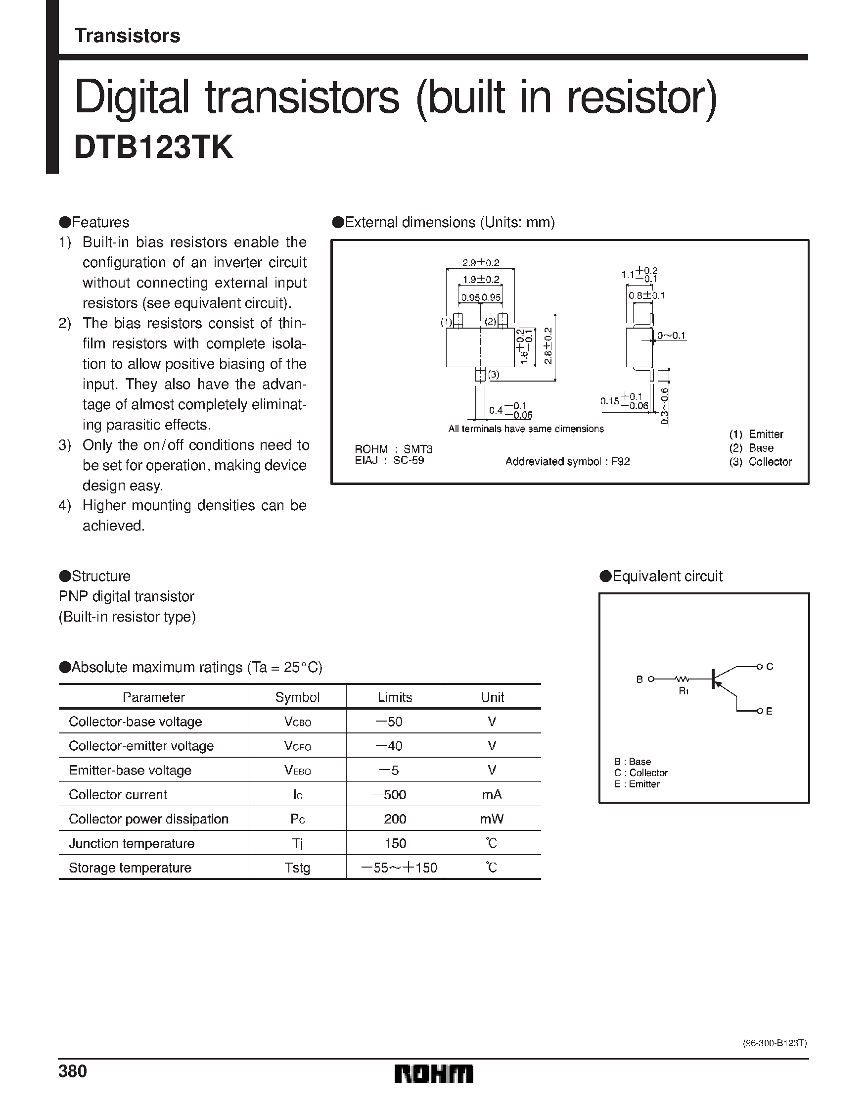 Даташит DTB123TK - Digital transistors (built in resistor) страница 1