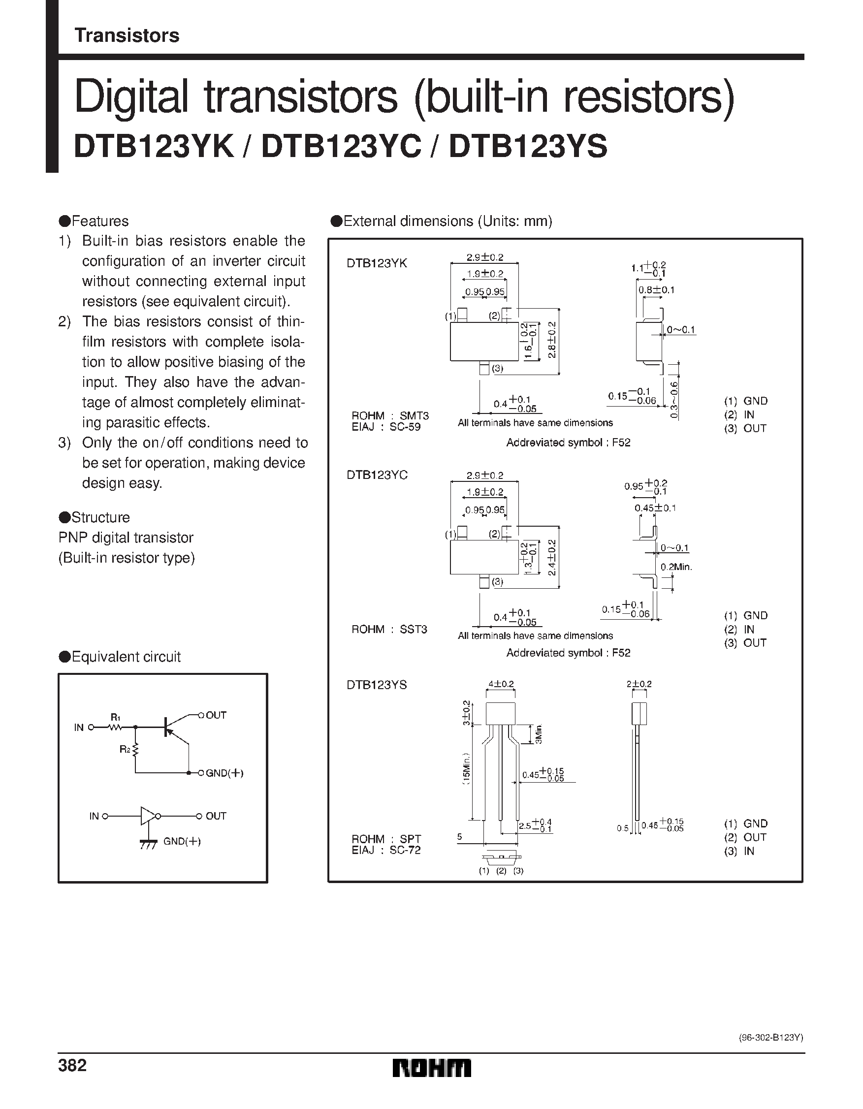 Даташит DTB123Y - Digital transistors (built-in resistors) страница 1