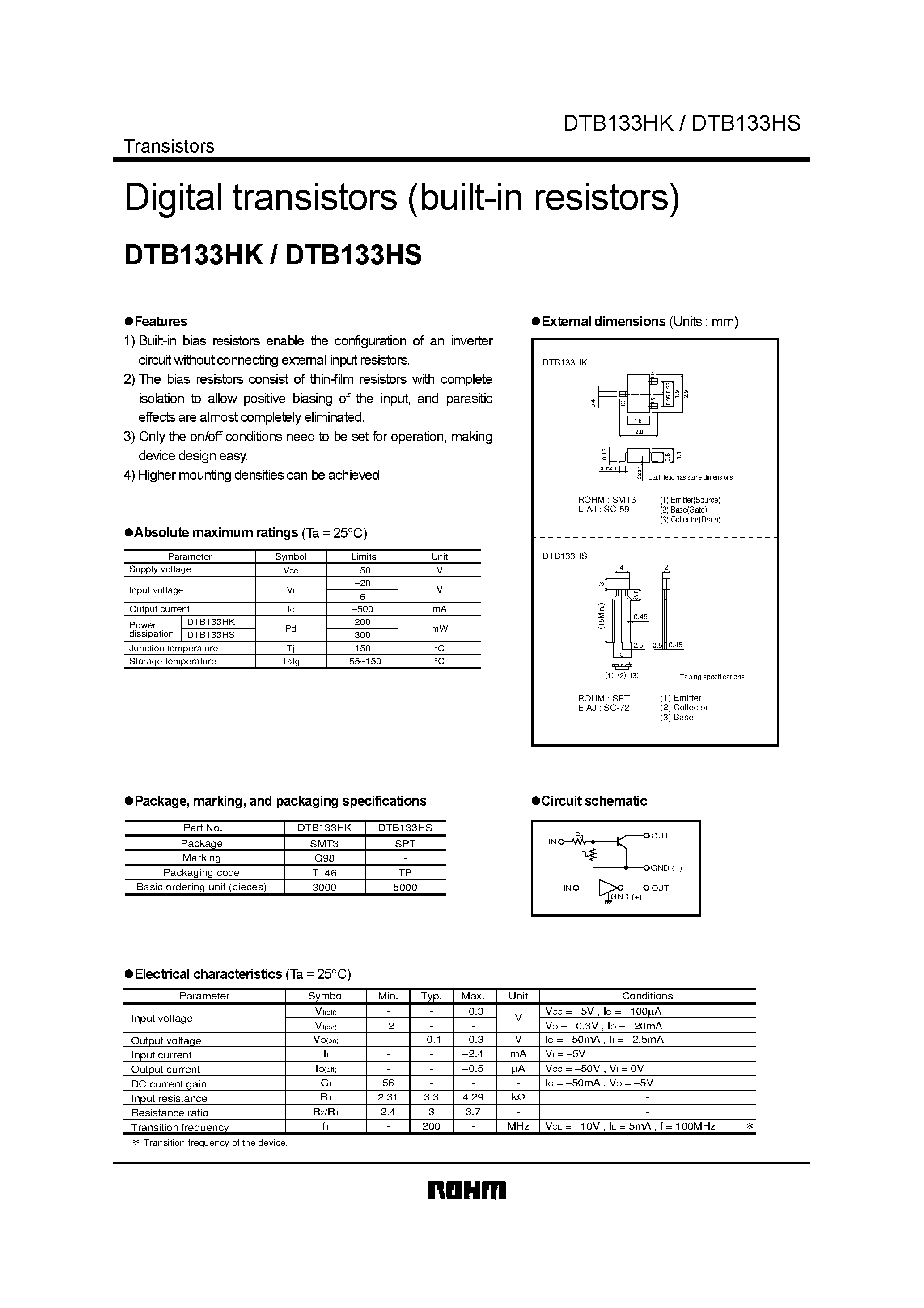Даташит DTB133HS - Digital transistors (built-in resistors) страница 1