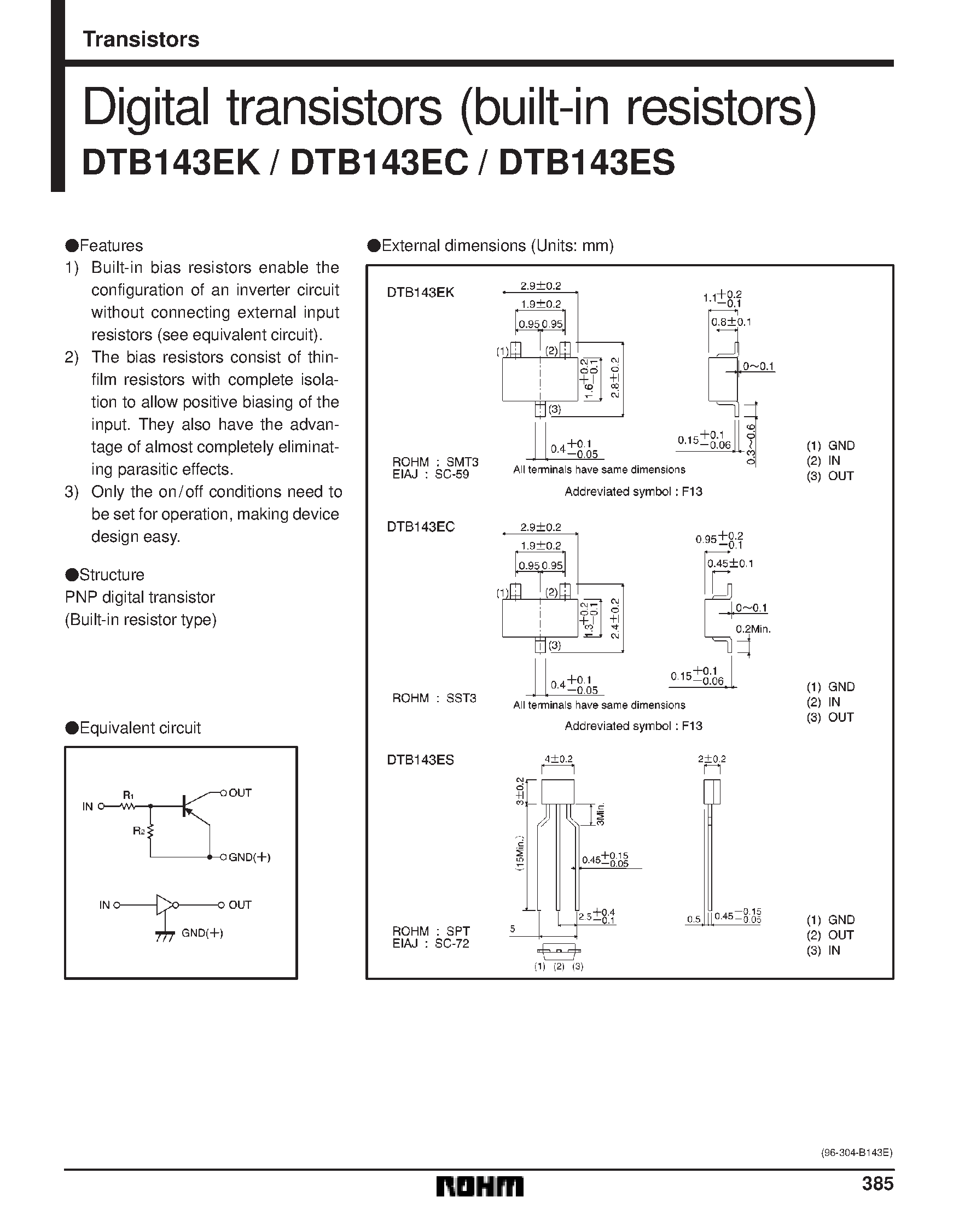 Даташит DTB143EC - Digital transistors (built-in resistors) страница 1