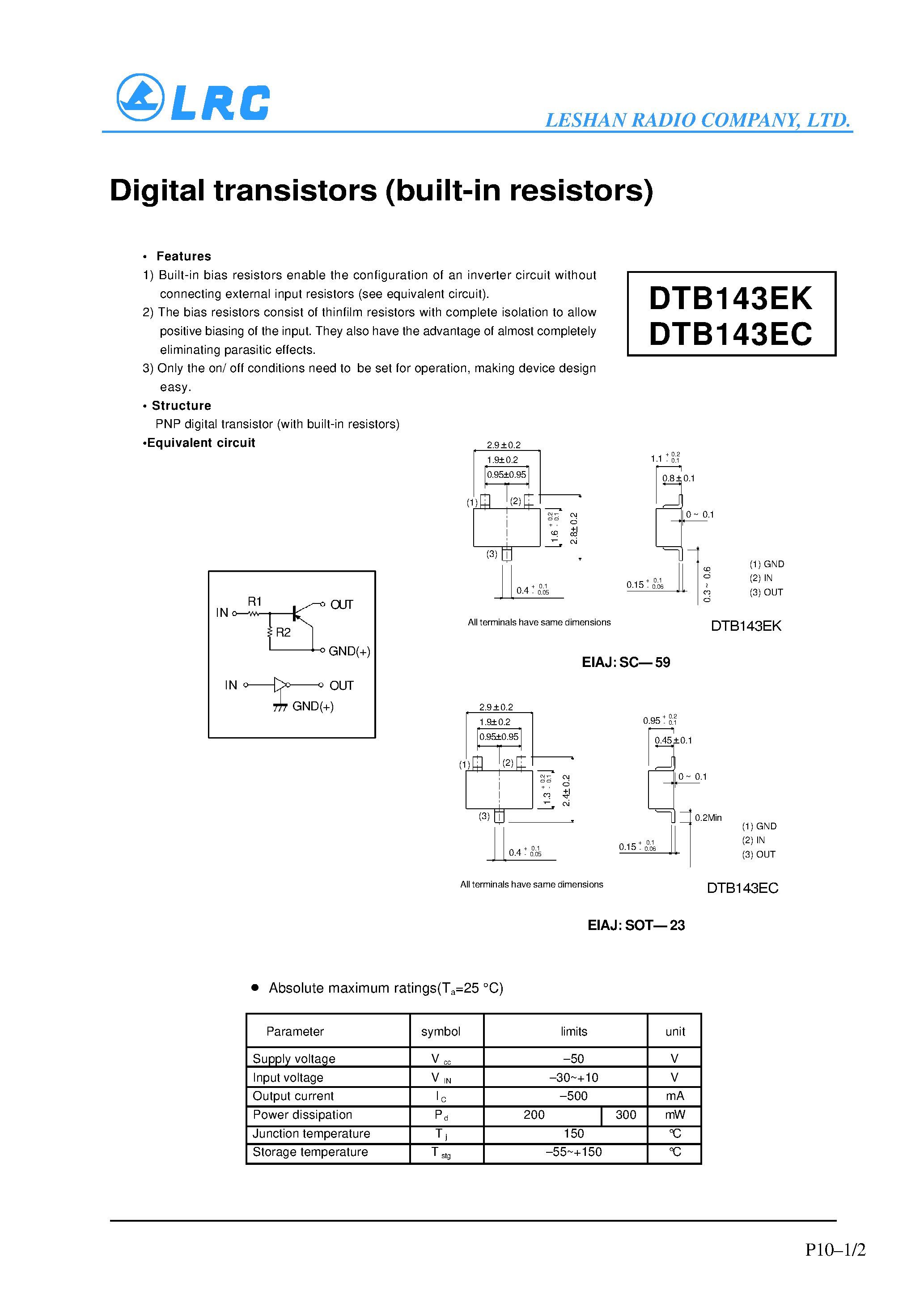 Даташит DTB143EK - Digital transistors(built-in resistors) страница 1