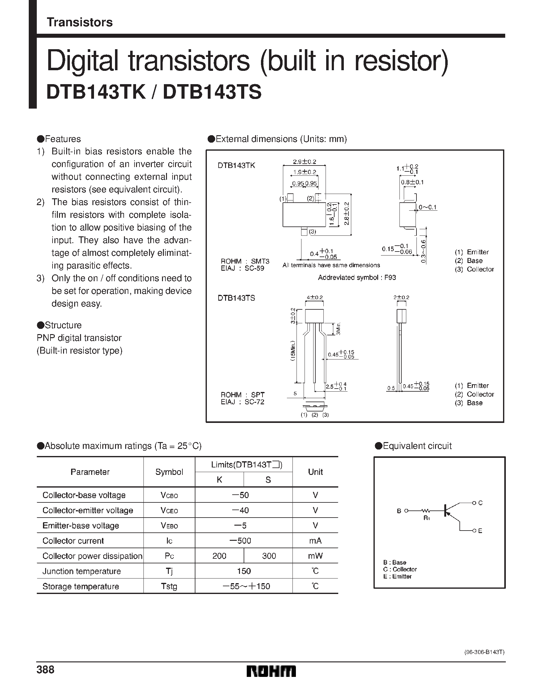 Даташит DTB143TK - Digital transistors (built in resistor) страница 1