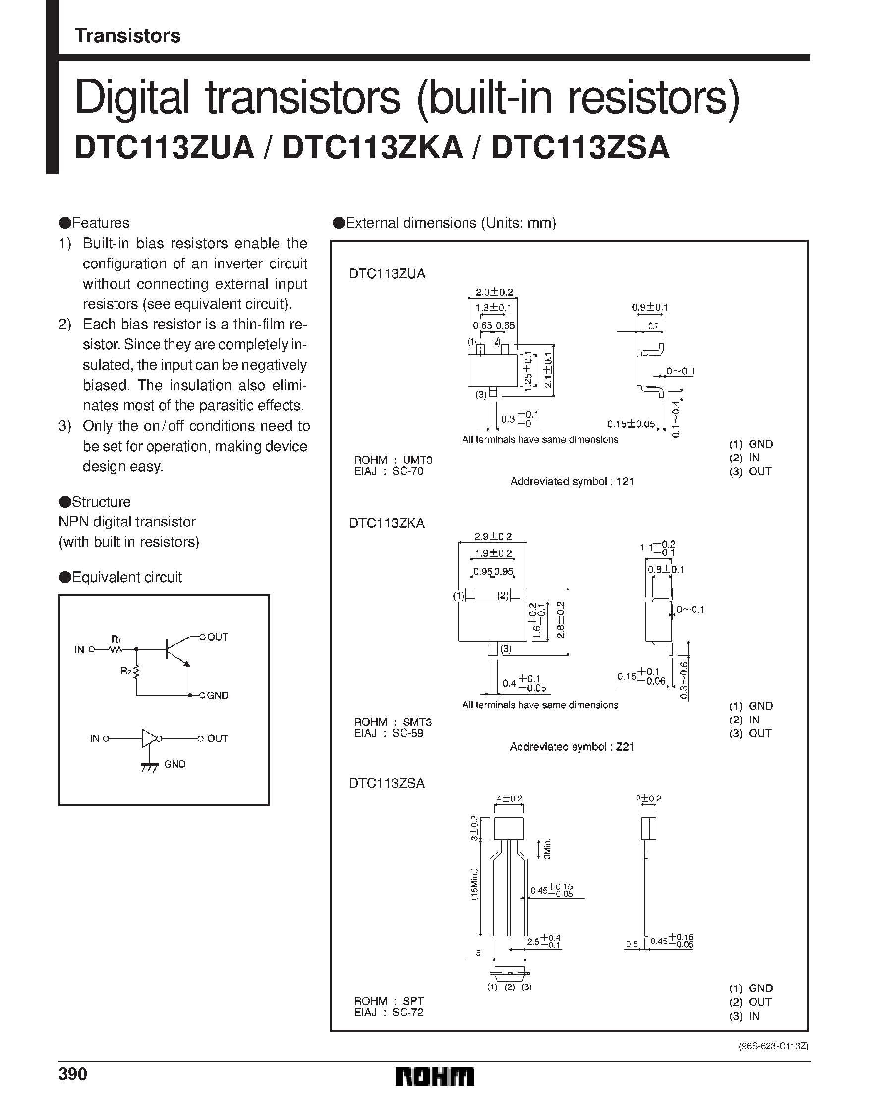 Даташит DTC113ZKA - Digital transistors (built-in resistors) страница 1