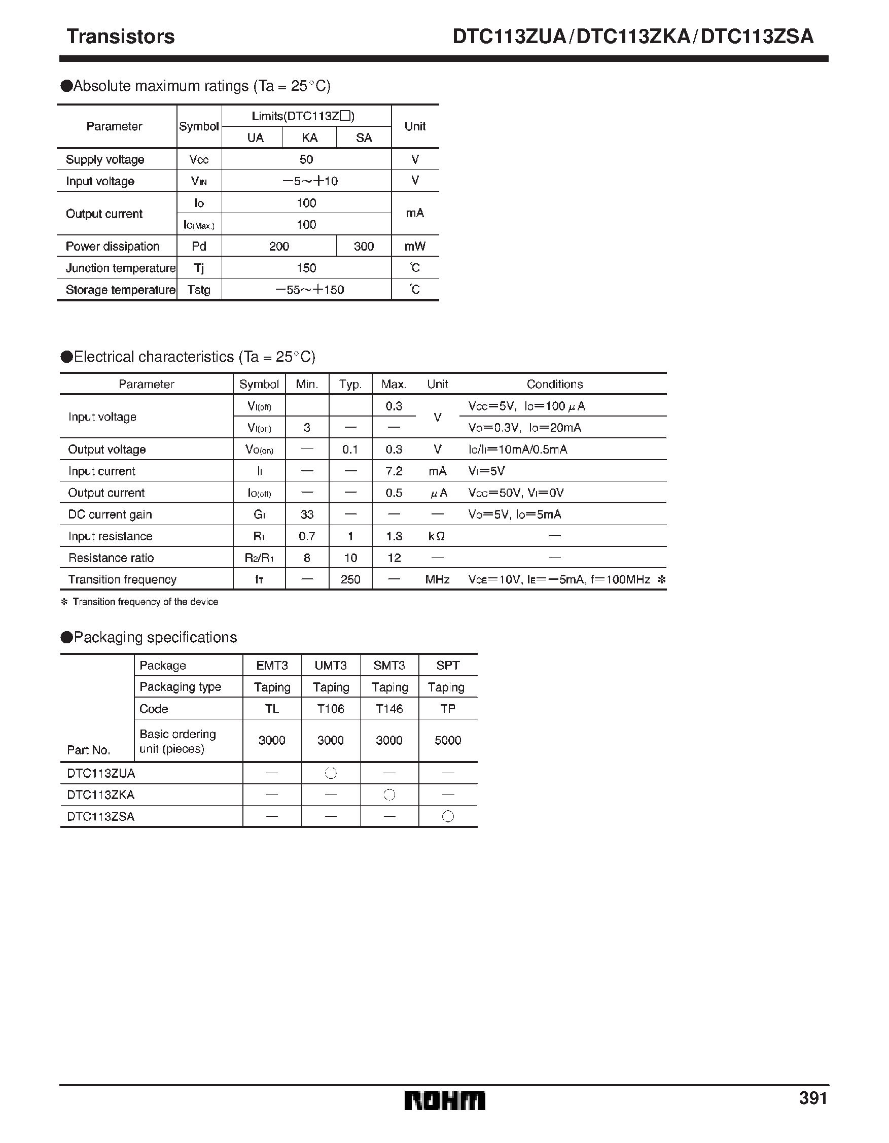 Даташит DTC113ZUA - Digital transistors (built-in resistors) страница 2