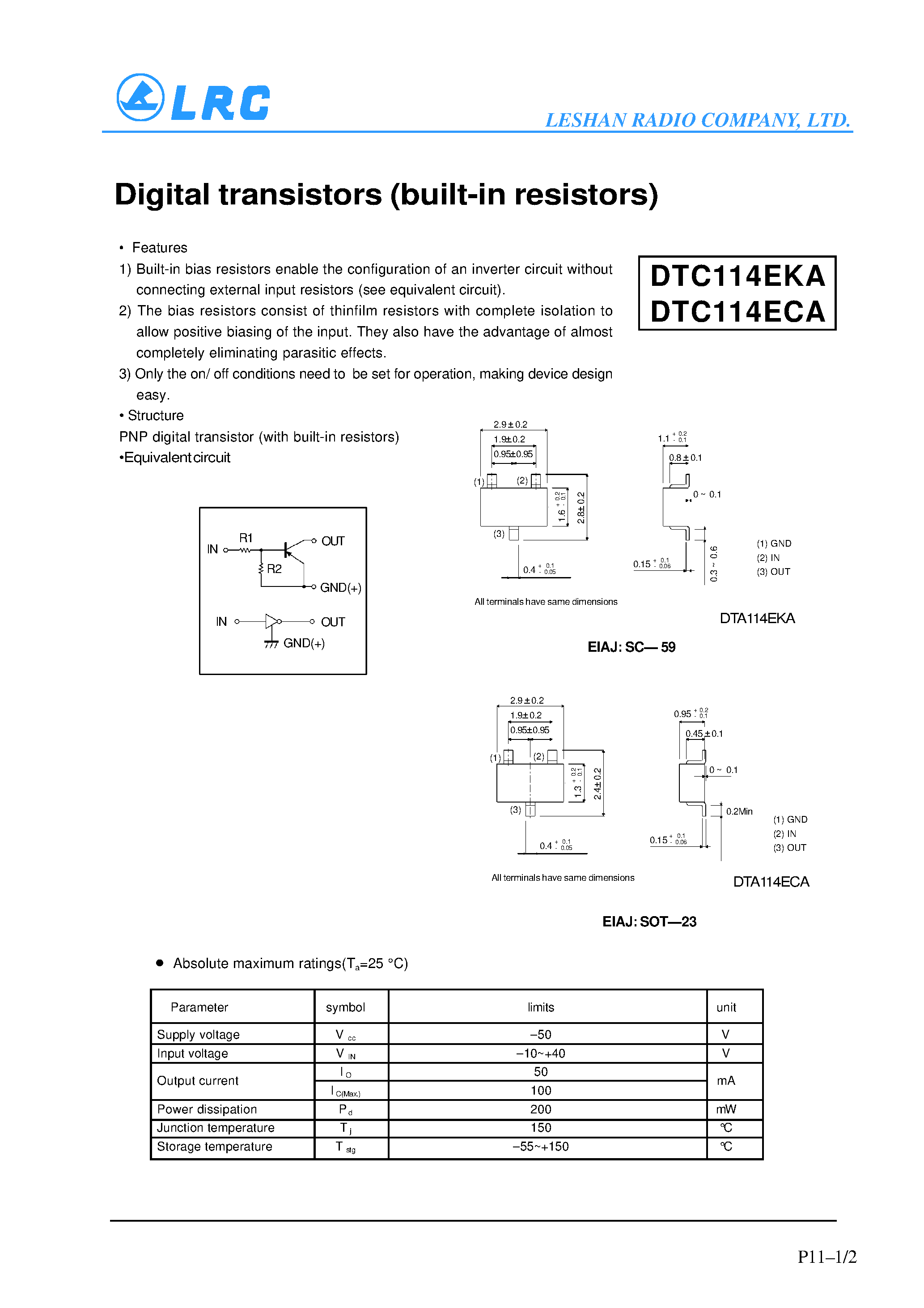 Даташит DTC114 - Digital transistors(built-in resistors) страница 1