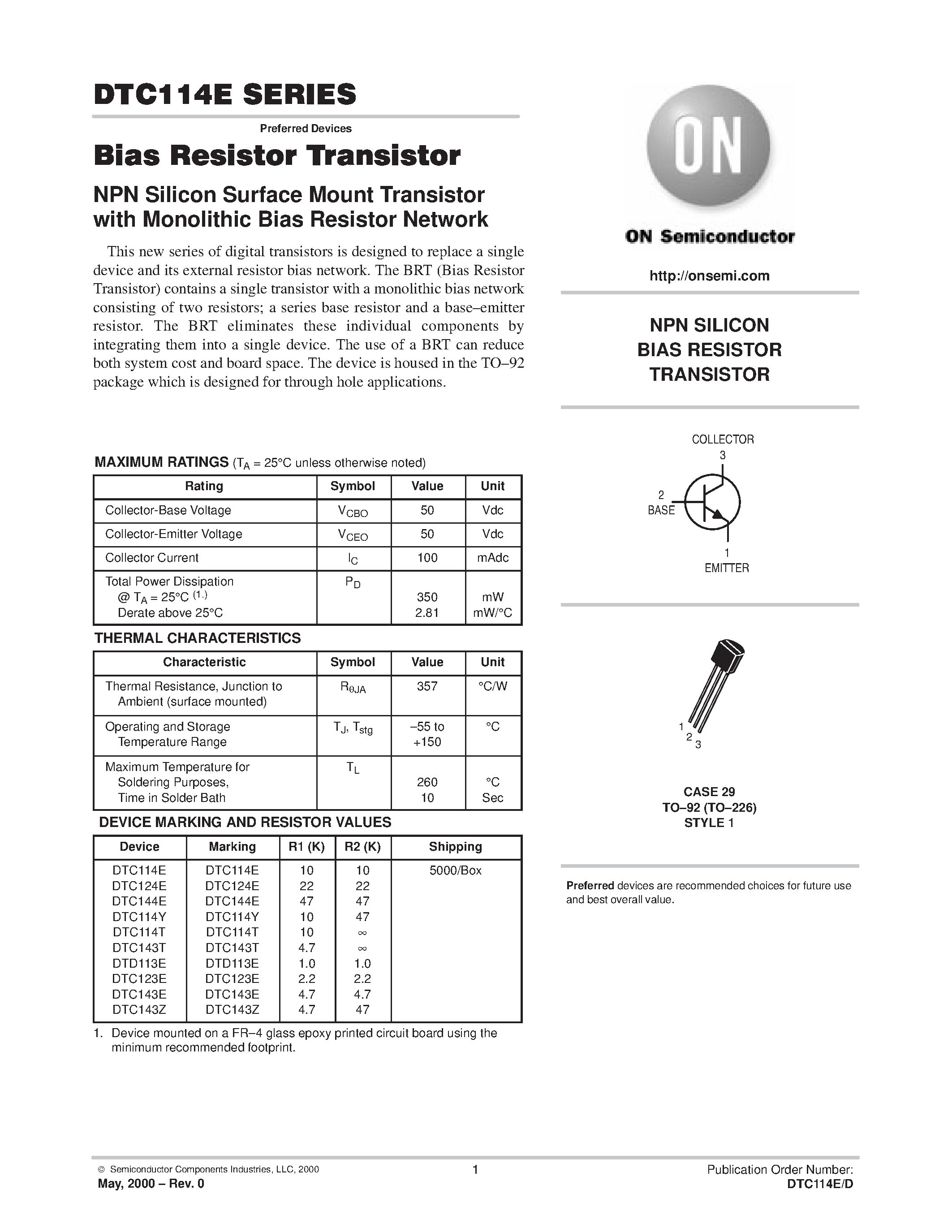 Даташит на микросхему DTC114E страница 1 Даташит DTC114E - NPN SILICON BIAS RESISTOR TRANSISTOR страница 1