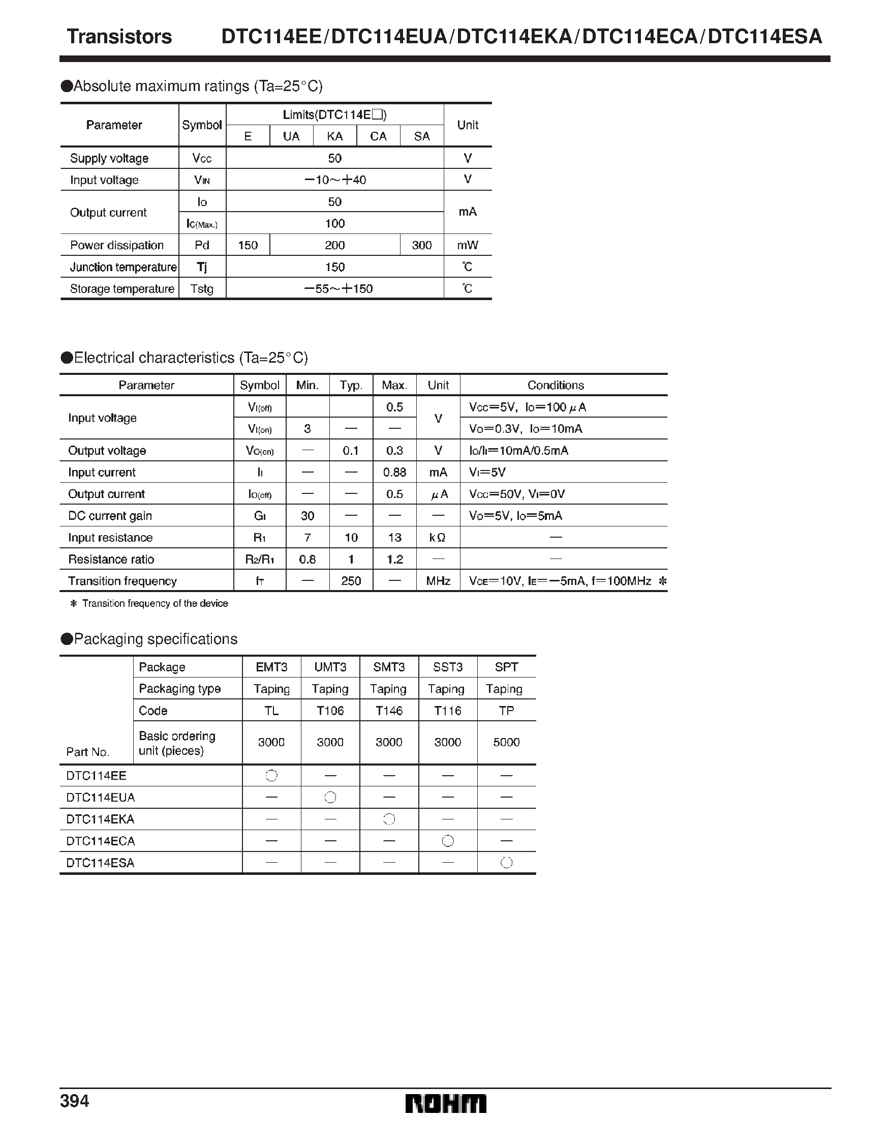 Даташит DTC114EE - Digital transistors (built-in resistors) страница 2