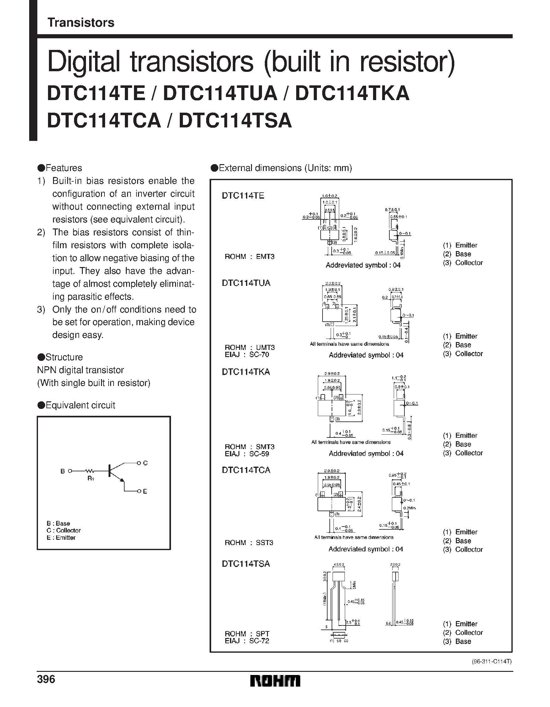 Даташит на микросхему DTC114TE страница 1 Даташит DTC114TE - Digital transistors (built in resistor) страница 1