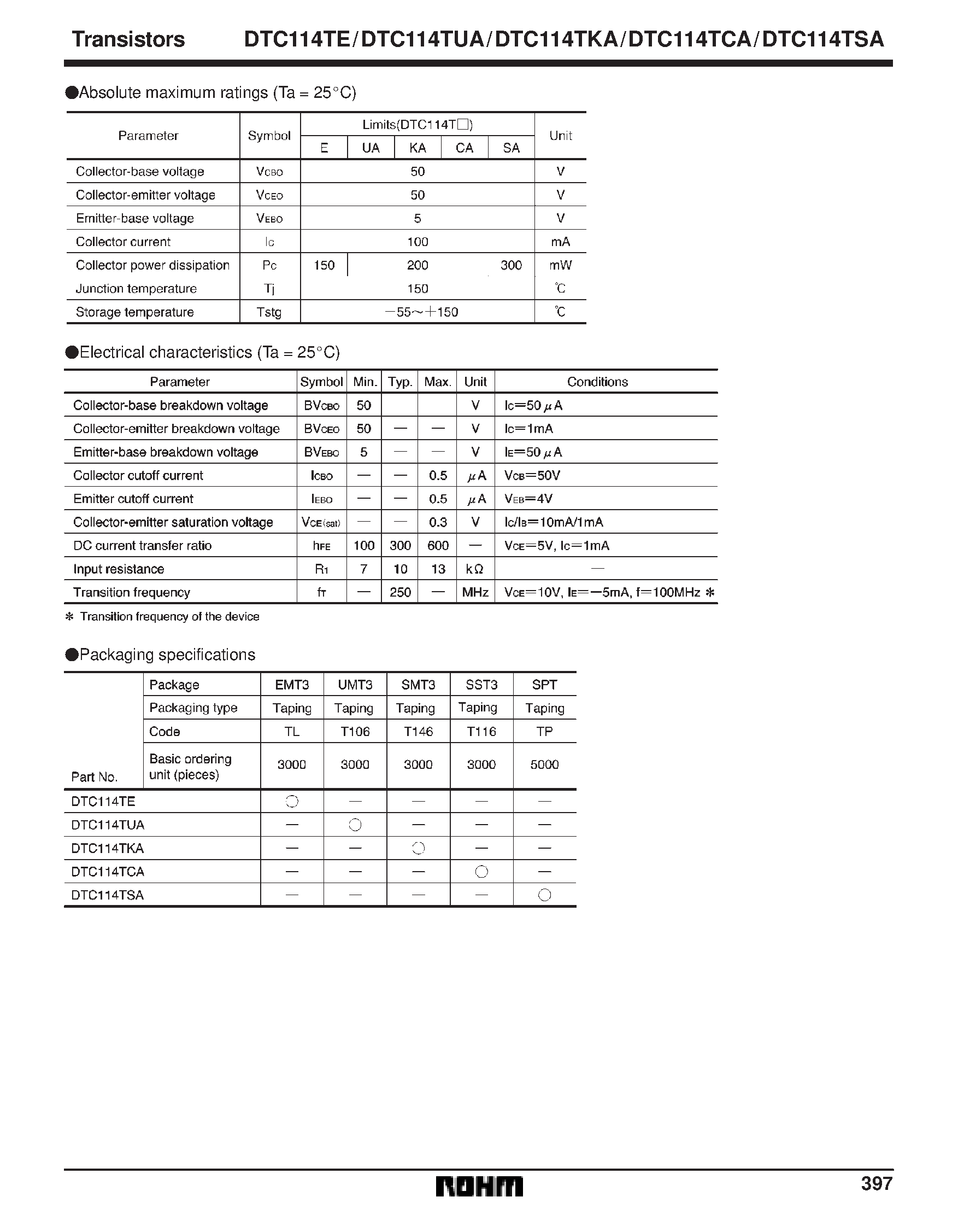 Даташит DTC114TSA - Digital transistors (built in resistor) страница 2