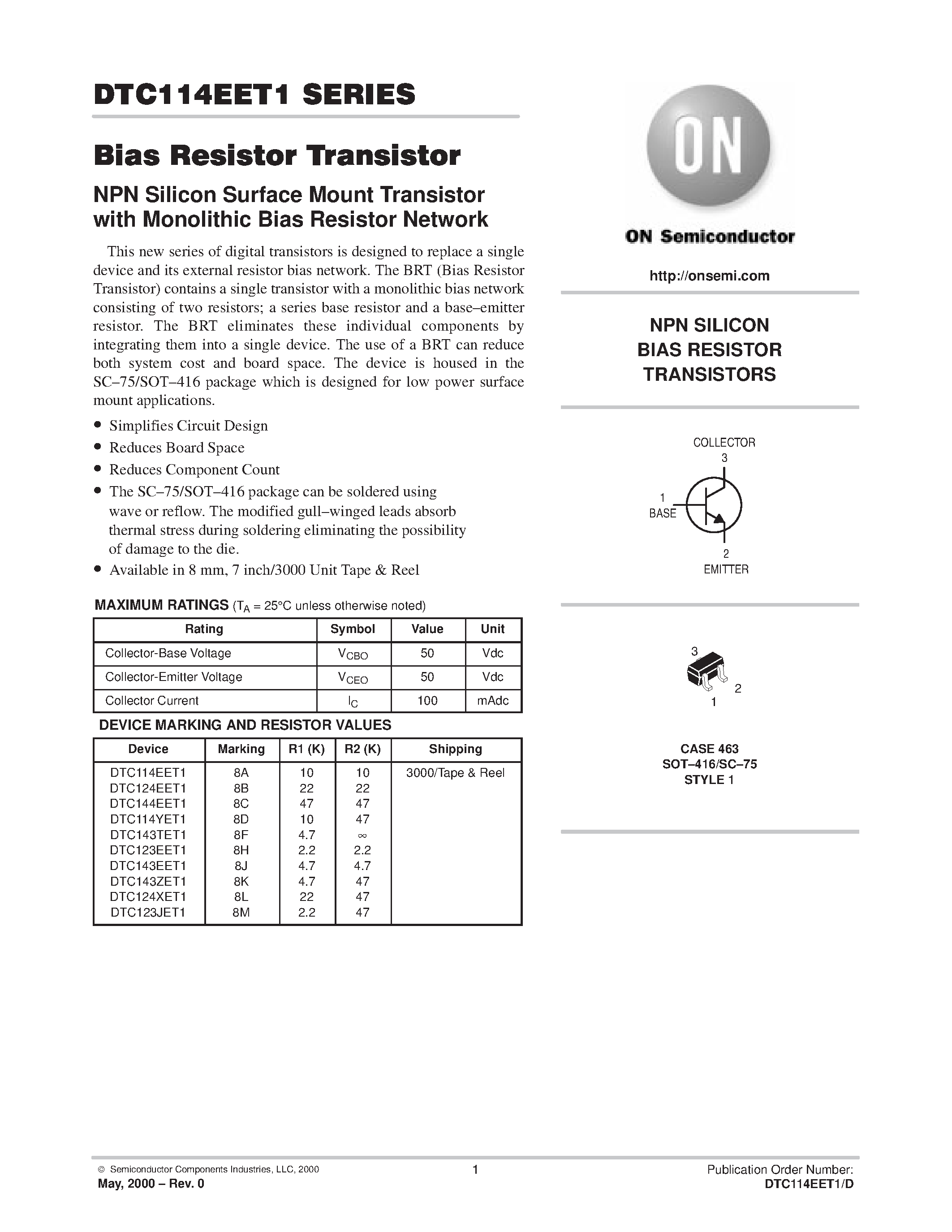 Datasheet DTC114YET1 - NPN SILICON BIAS RESISTOR TRANSISTORS page 1