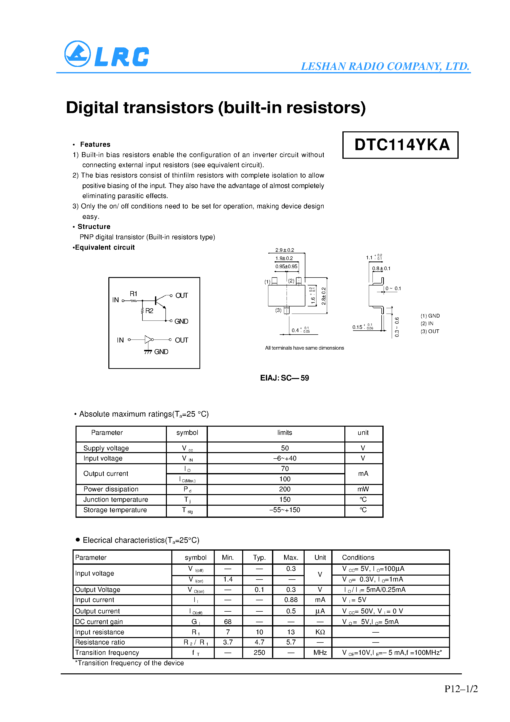 Даташит DTC114YKA3 - Digital transistors(built-in resistors) страница 1