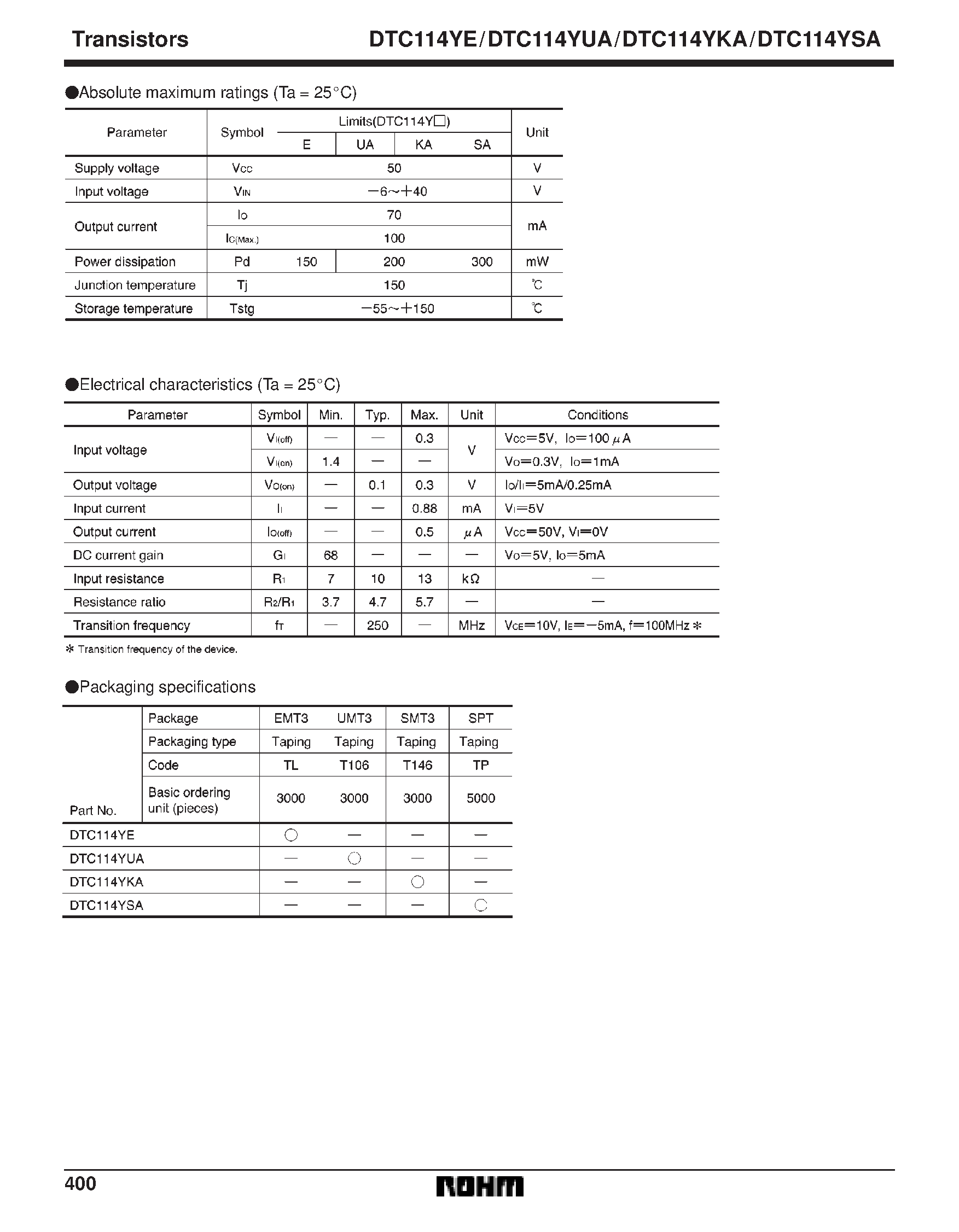 Даташит DTC114YUA - Digital transistors (built-in resistors) страница 2