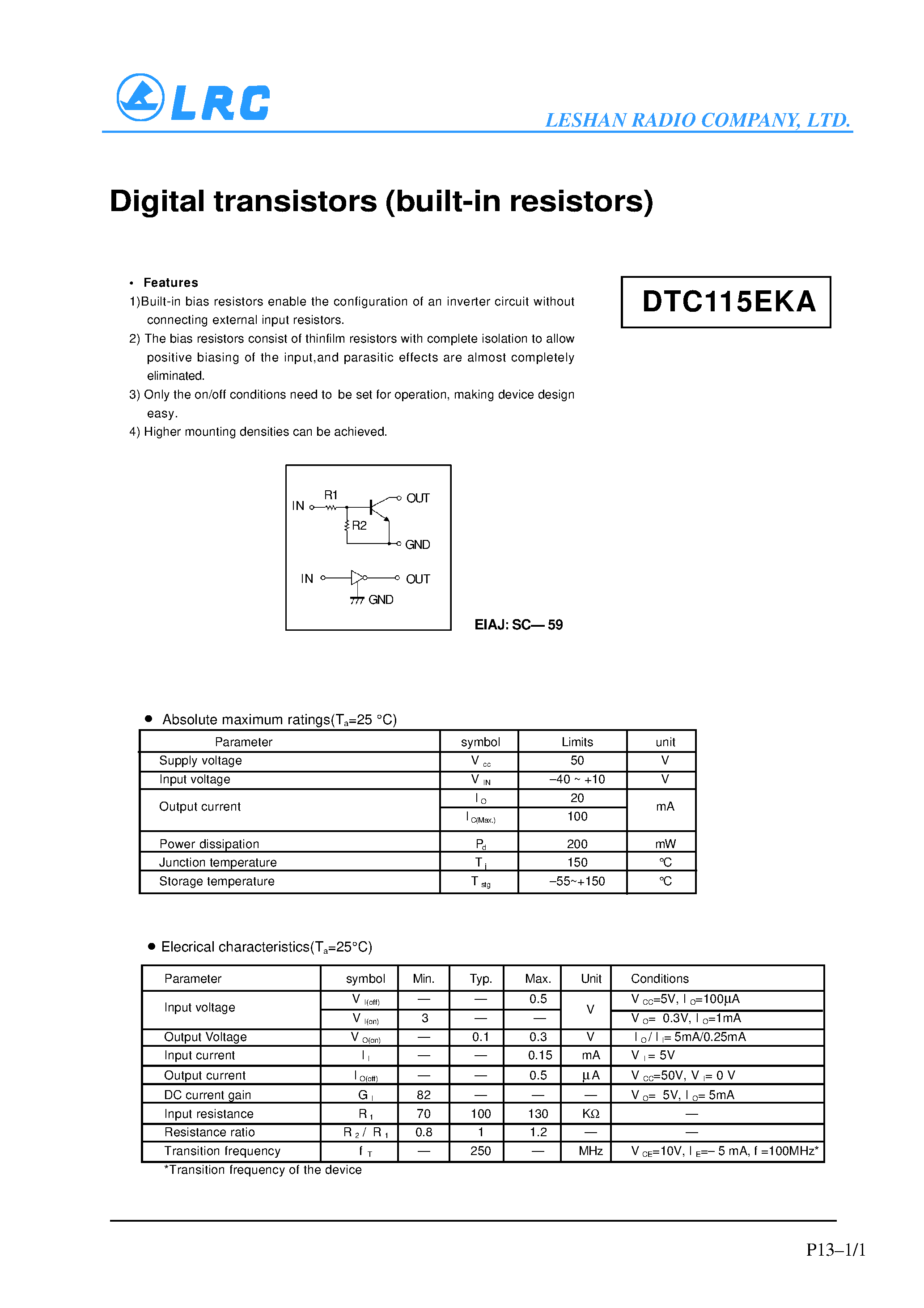 Даташит DTC115EKA - Digital transistors(built-in resistors) страница 1