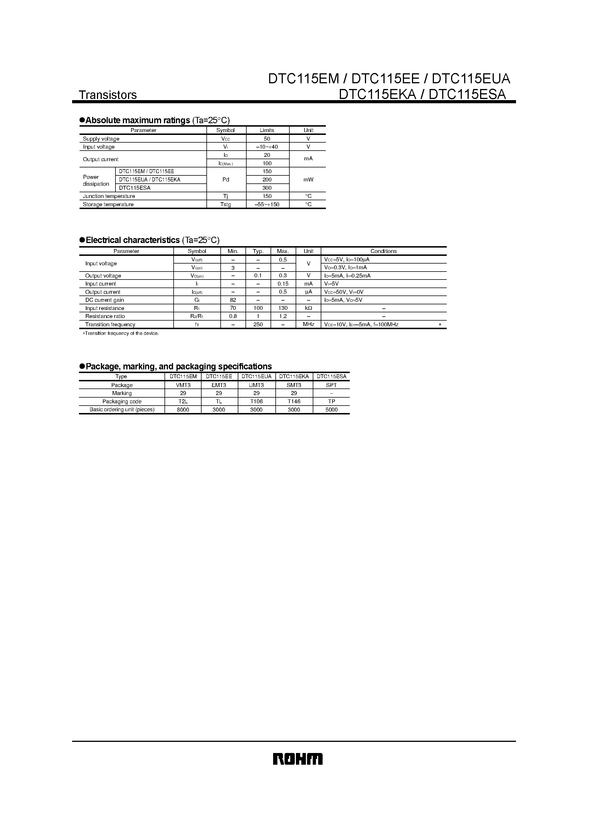 Даташит DTC115EM - Digital transistors (built-in resistors) страница 2