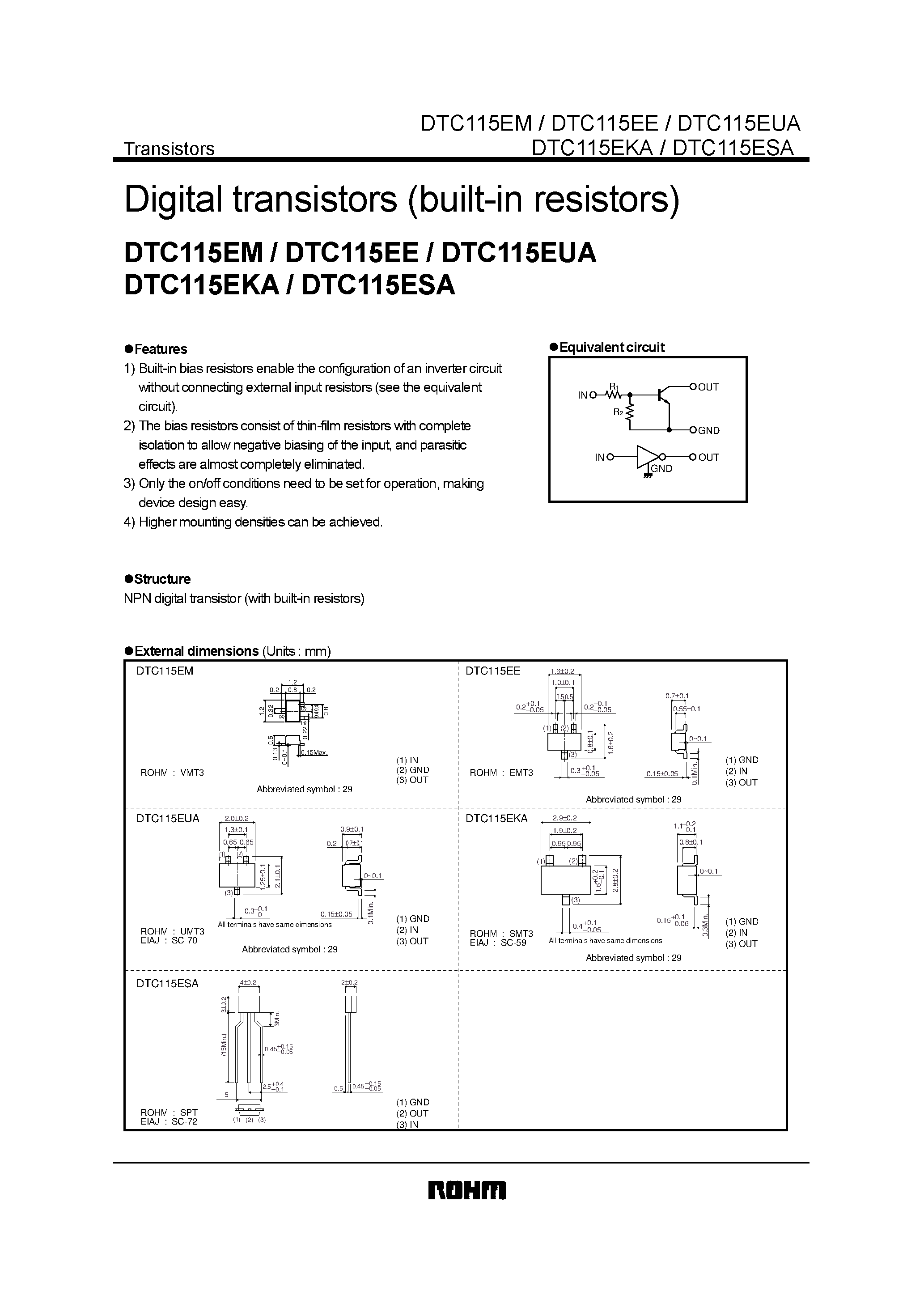 Datasheet DTC115ESA page 1 Datasheet DTC115ESA - Digital transistors (built-in resistors) page 1