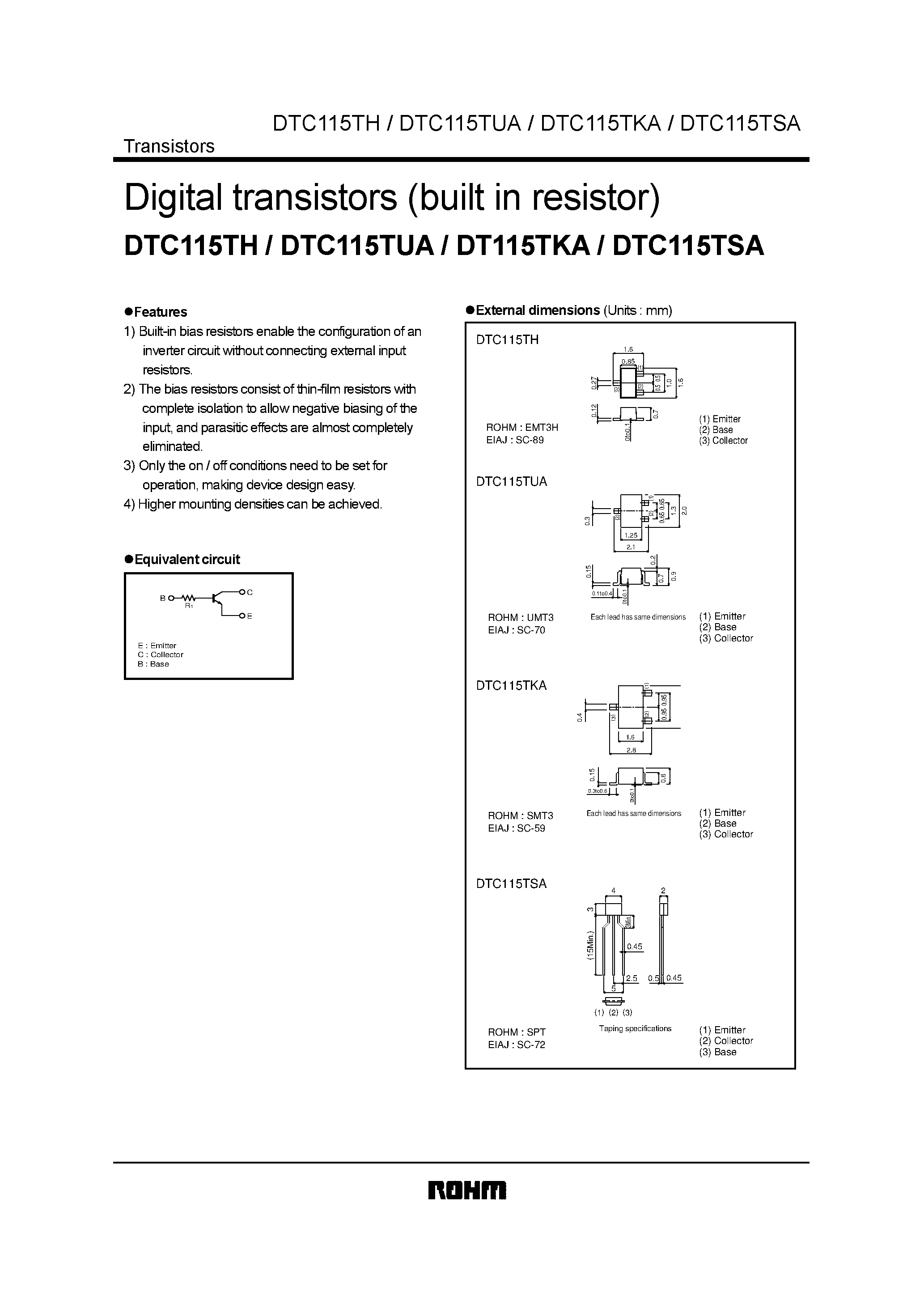 Datasheet DTC115TH page 1 Datasheet DTC115TH - Digital transistors (built in resistor) page 1