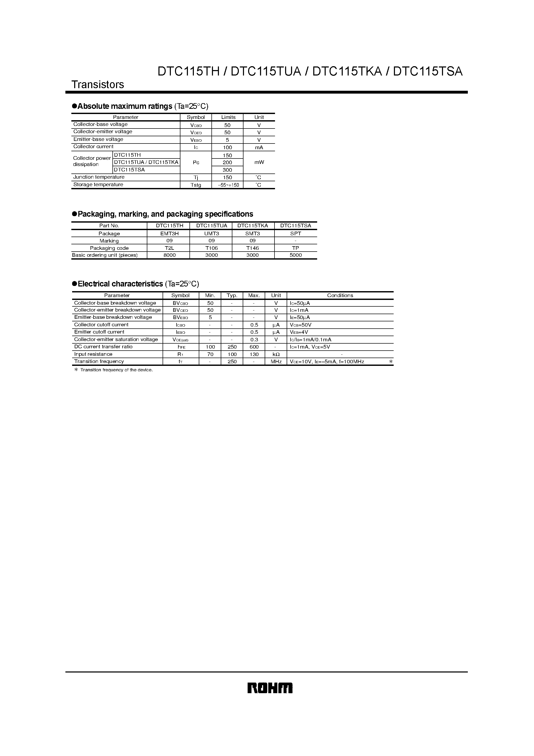 Даташит DTC115TUA - Digital transistors (built in resistor) страница 2
