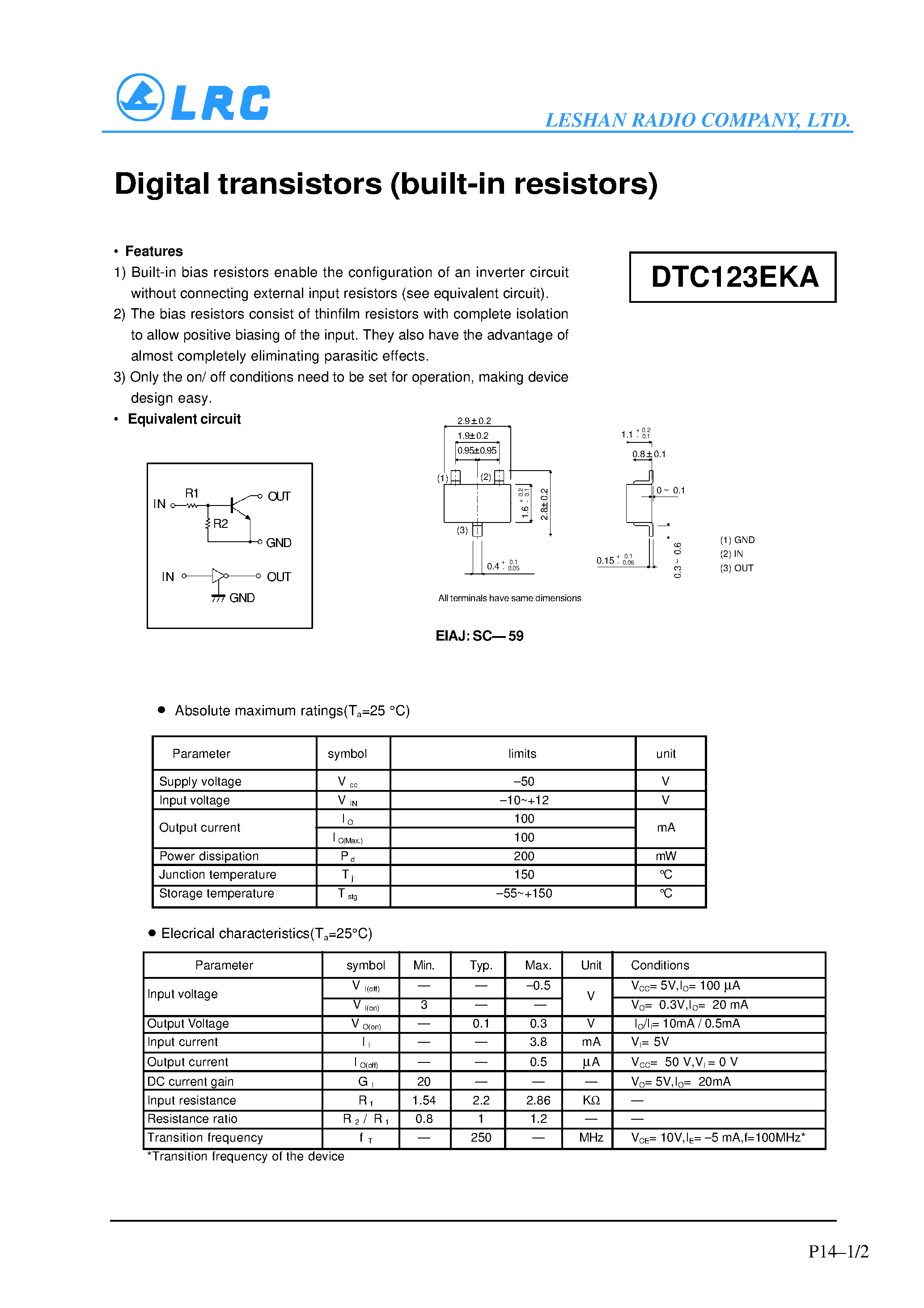 Datasheet DTC123EKA page 1 Datasheet DTC123EKA - Digital transistors(built-in resistors) page 1