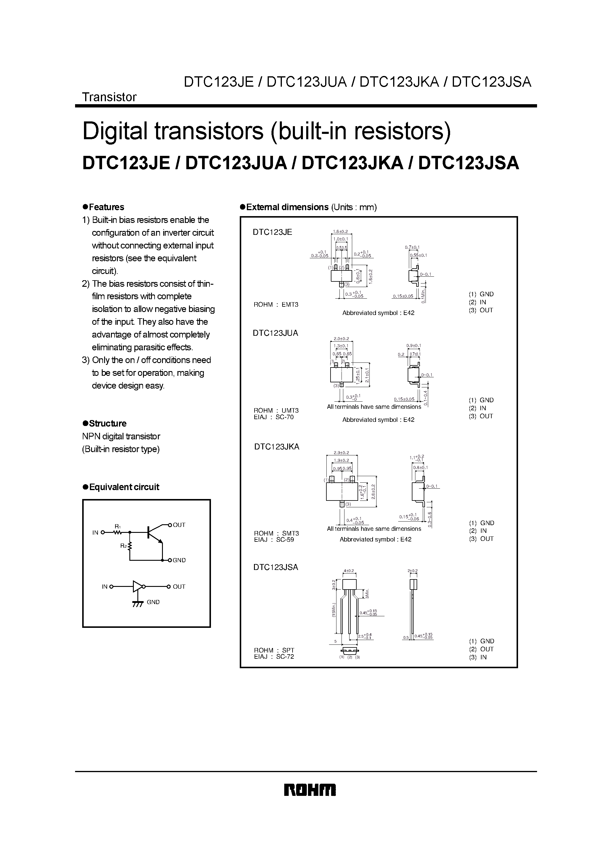 Даташит DTC123JUA - Digital transistors (built-in resistors) страница 1