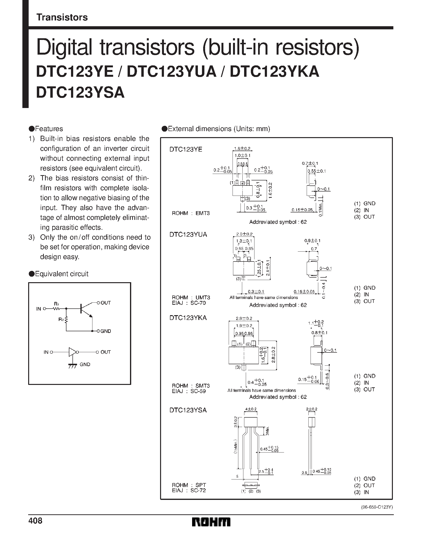 Даташит DTC123YUA - Digital transistors (built-in resistors) страница 1