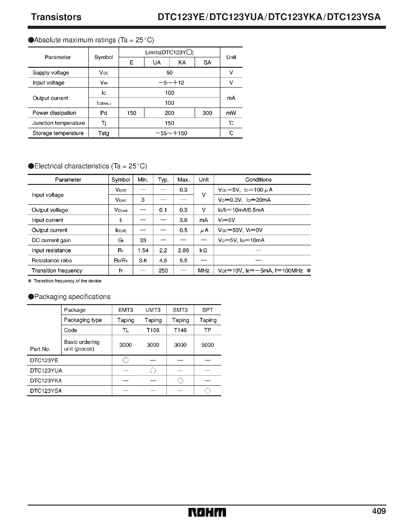 Даташит DTC123YUA - Digital transistors (built-in resistors) страница 2
